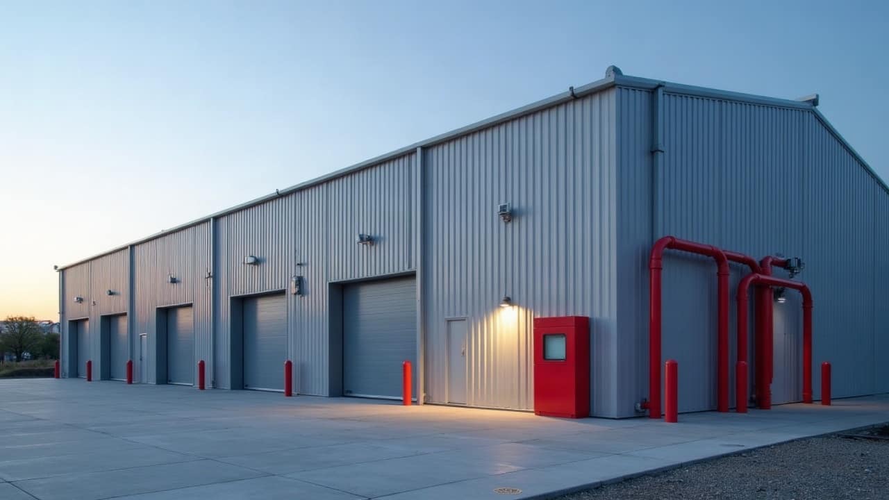 Façade en bardage métallique gris d'un entrepôt récent au crépuscule, quais fermés et boîtier rouge de raccordement pompiers