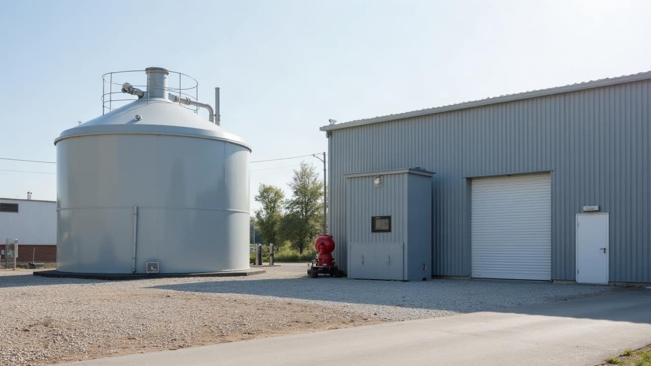 Grande cuve cylindrique en acier gris clair à côté d'un bâtiment logistique moderne, petit local pompes à porte acier et voie d'accès enrobée