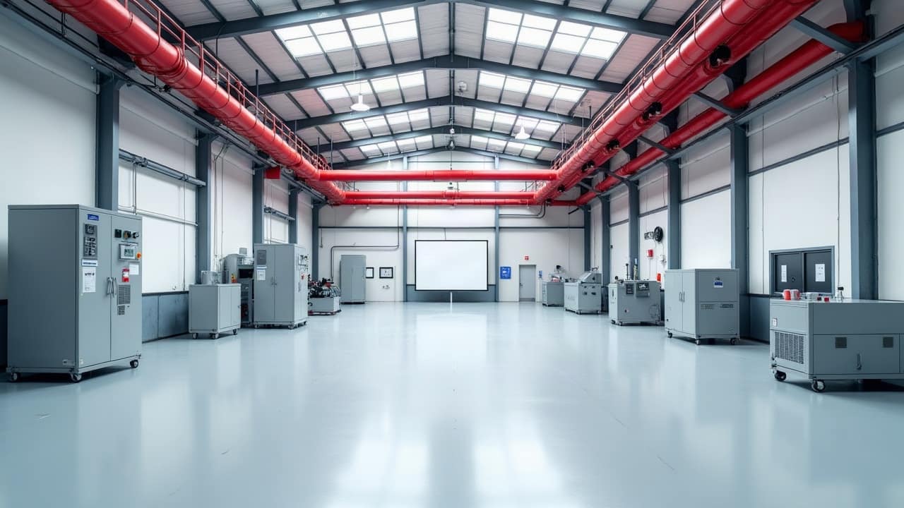 Atelier de production moderne et lumineux, sol en résine gris clair, machines propres et réseau de canalisations sprinkler rouges sous les lanterneaux