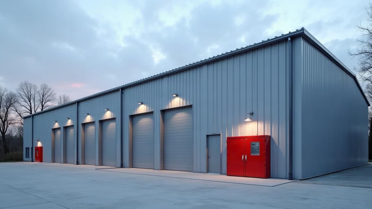 Façade en bardage métallique gris d'un entrepôt moderne au crépuscule, quais aux portes grises fermées, boîtier rouge de raccordement pompiers et cour vide