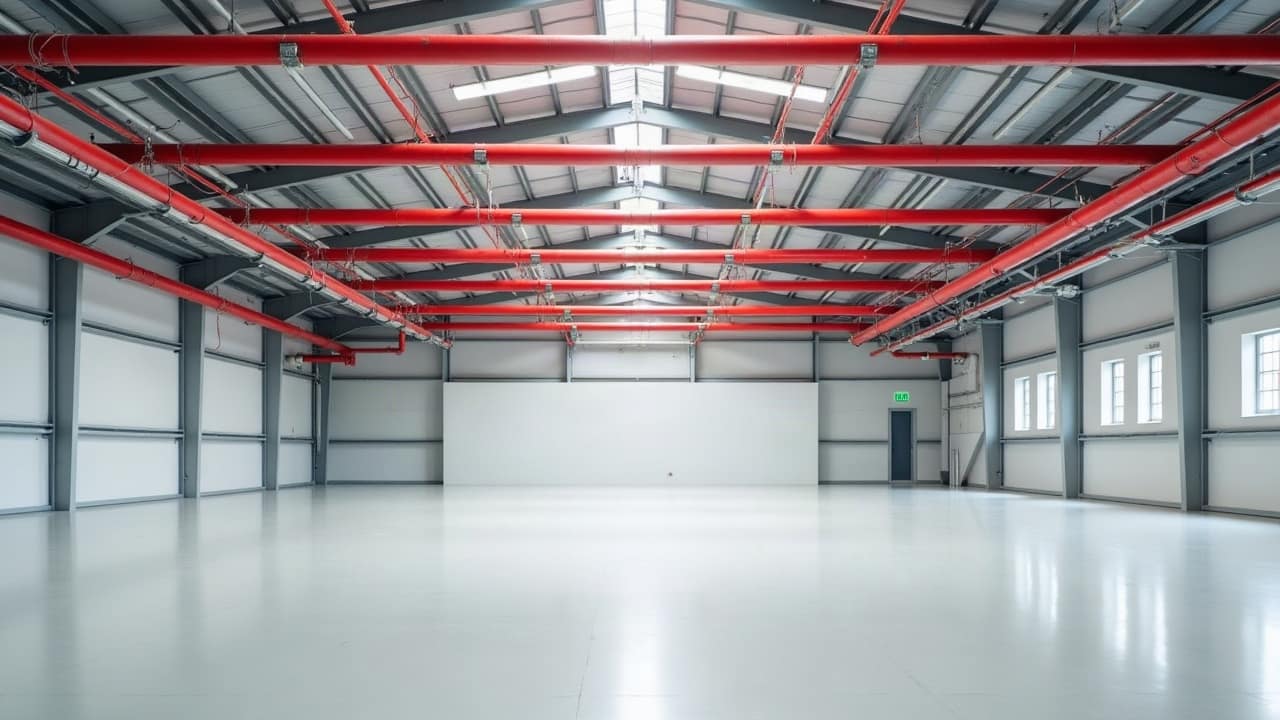 Plafond haut d'un entrepôt moderne, canalisations rouges rectilignes entre les poutres galvanisées et têtes sprinkler en laiton régulièrement espacées