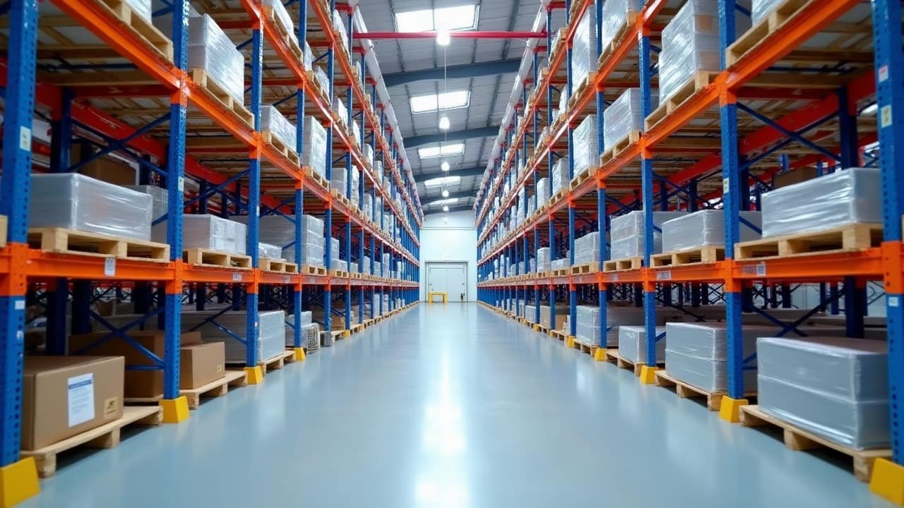 Allée large d'un entrepôt logistique récent, grands rayonnages à palettes orange et bleus, canalisations sprinkler rouges sous la toiture