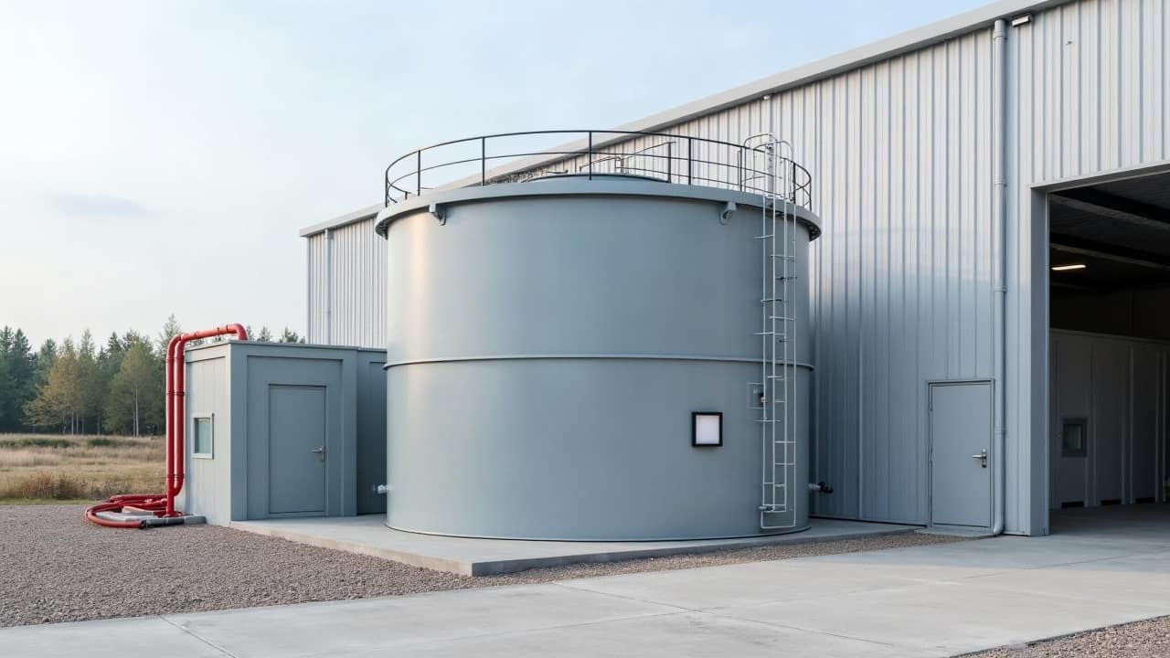 Grande cuve cylindrique en acier gris clair à côté d'un bâtiment logistique récent, local pompes à porte acier et voie d'accès propre