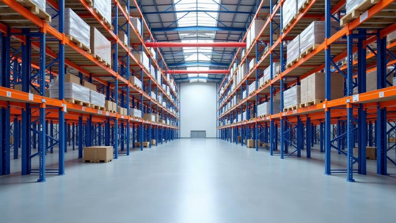 Entrepôt logistique moderne vu dans une large allée, rayonnages à palettes de grande hauteur orange et bleus, réseau sprinkler rouge sous la toiture