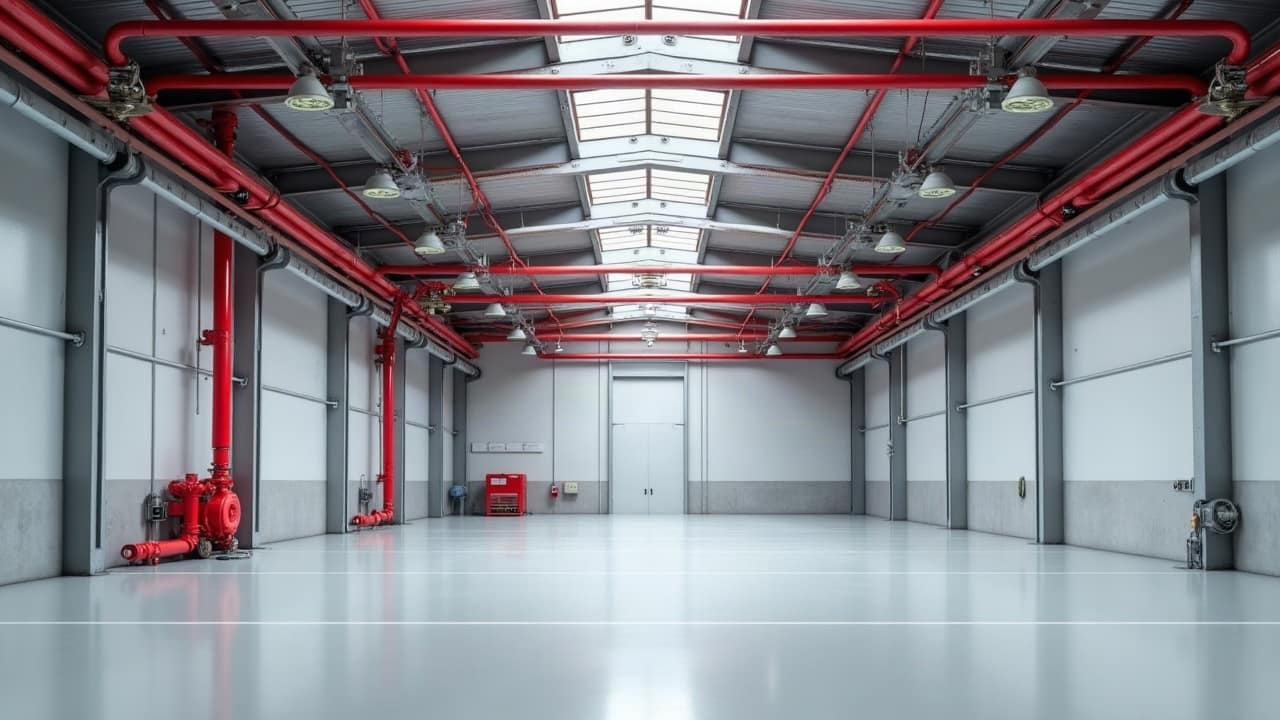 Plafond haut d'un entrepôt moderne, canalisations rouges entre les poutres galvanisées et têtes sprinkler en laiton régulièrement espacées
