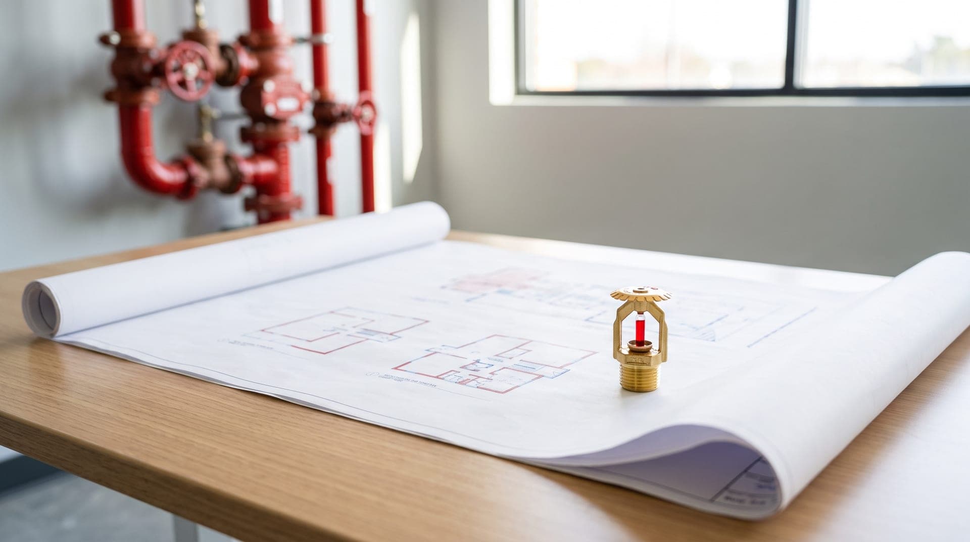 Table d'un local technique neuf : plan de réseau sprinkler déroulé, tête de sprinkler neuve posée dessus, poste de contrôle rouge flou en arrière-plan