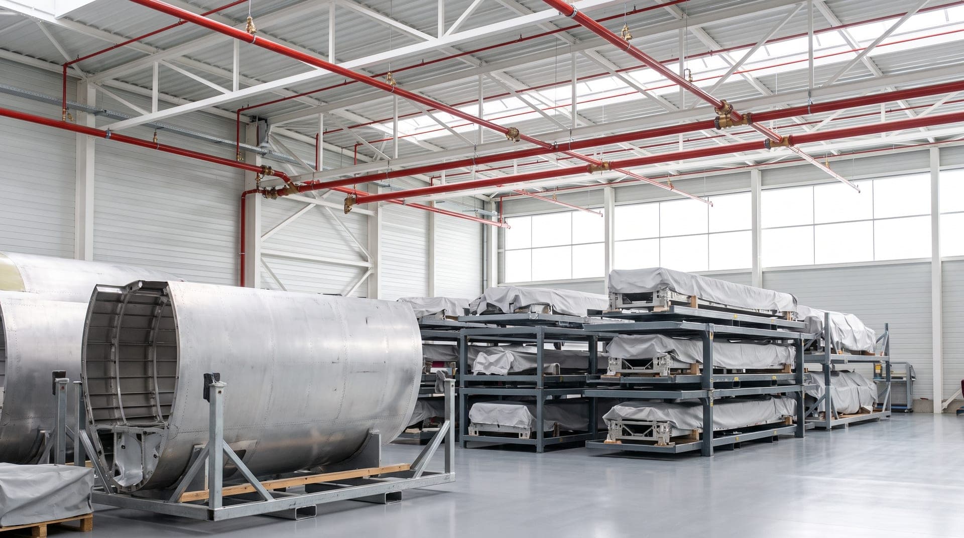 Hall de stockage de pièces d'aéronefs, tronçons de fuselage sur berceaux et éléments bâchés sur rayonnages, réseau sprinkler rouge sous la charpente