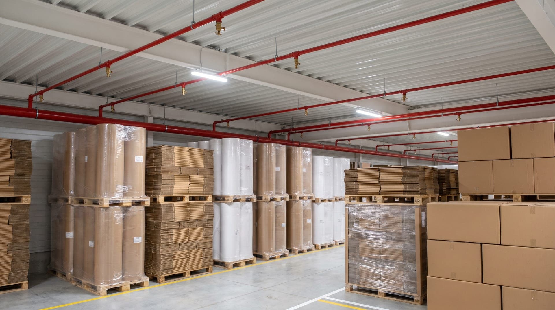 Magasin de papier et de carton, bobines filmées et piles de cartons à plat sur palettes, réseau sprinkler rouge et têtes en laiton sous la toiture