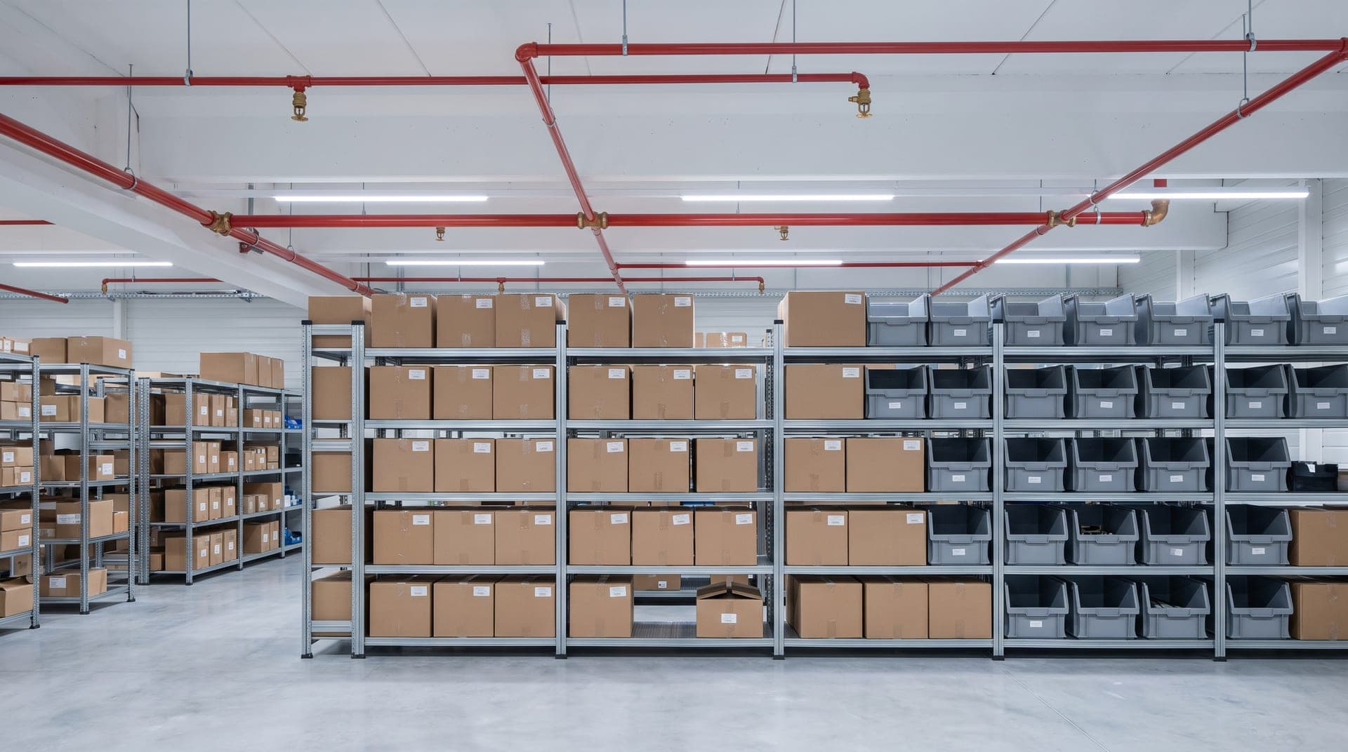 Magasin de composants aux rayonnages chargés de cartons et de bacs gris, canalisations sprinkler rouges et têtes en laiton sous le plafond blanc