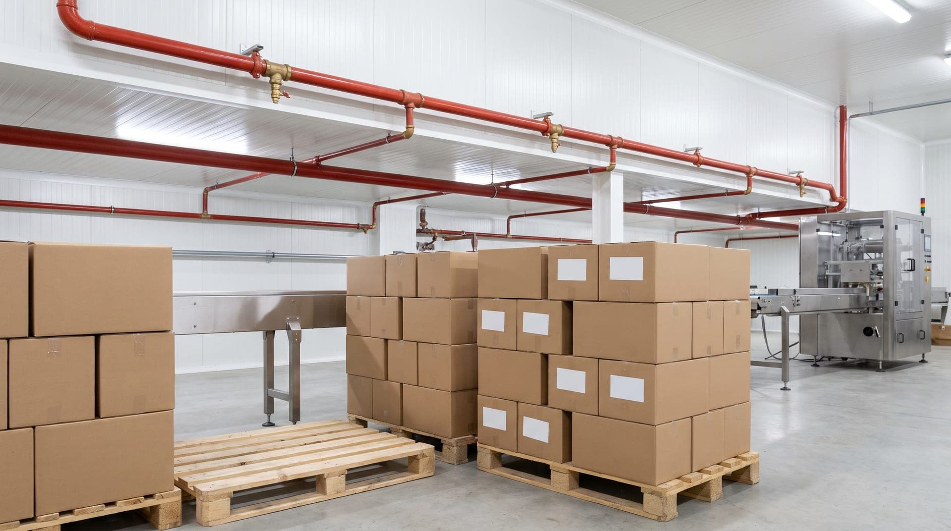 Atelier de conditionnement alimentaire, palettes de cartons prêtes à partir, convoyeur et machine d'emballage en inox, canalisations sprinkler rouges sous le plafond