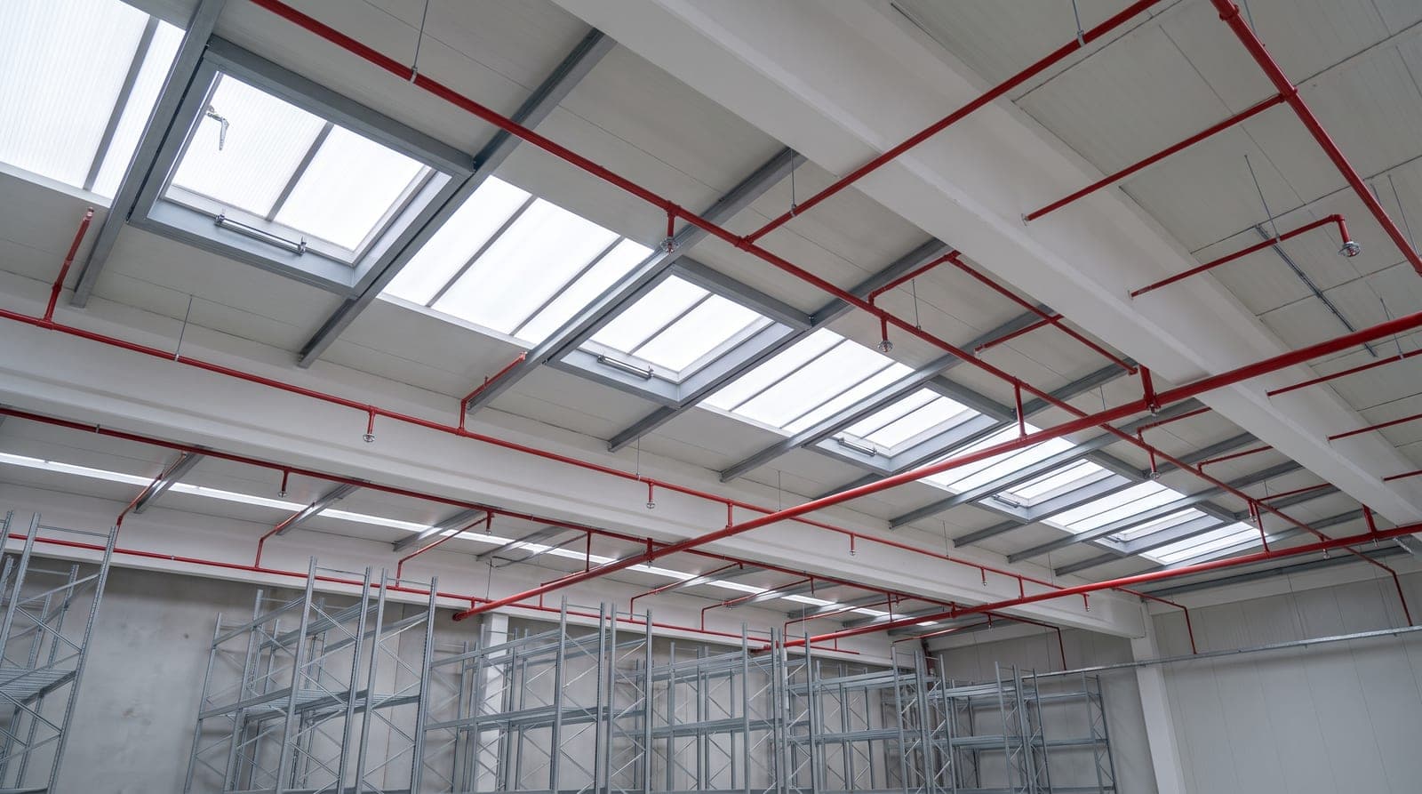 Toiture intérieure d'une cellule logistique neuve vue d'en bas : exutoires de désenfumage en lanterneaux, réseau sprinkler rouge et ses têtes parallèles entre eux, lumière douce, hauts rayonnages galvanisés en bas du cadre
