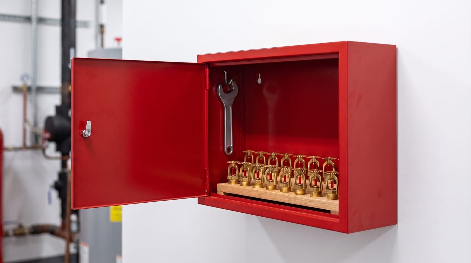 Armoire murale de têtes de sprinkler de rechange ouverte dans un local technique propre, rangée de têtes neuves à ampoule rouge alignées sur leur support, clé de montage accrochée, fond blanc