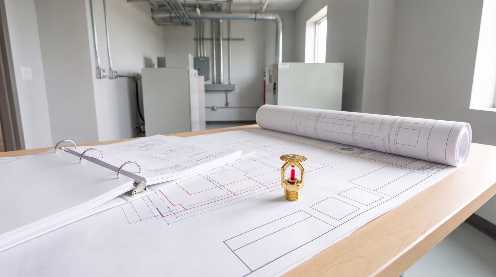 Classeur de dossier technique ouvert sur une table de local technique propre, plan de réseau sprinkler imprimé en rouge et bleu déplié à côté d'une tête de sprinkler neuve posée sur le plan, lumière douce
