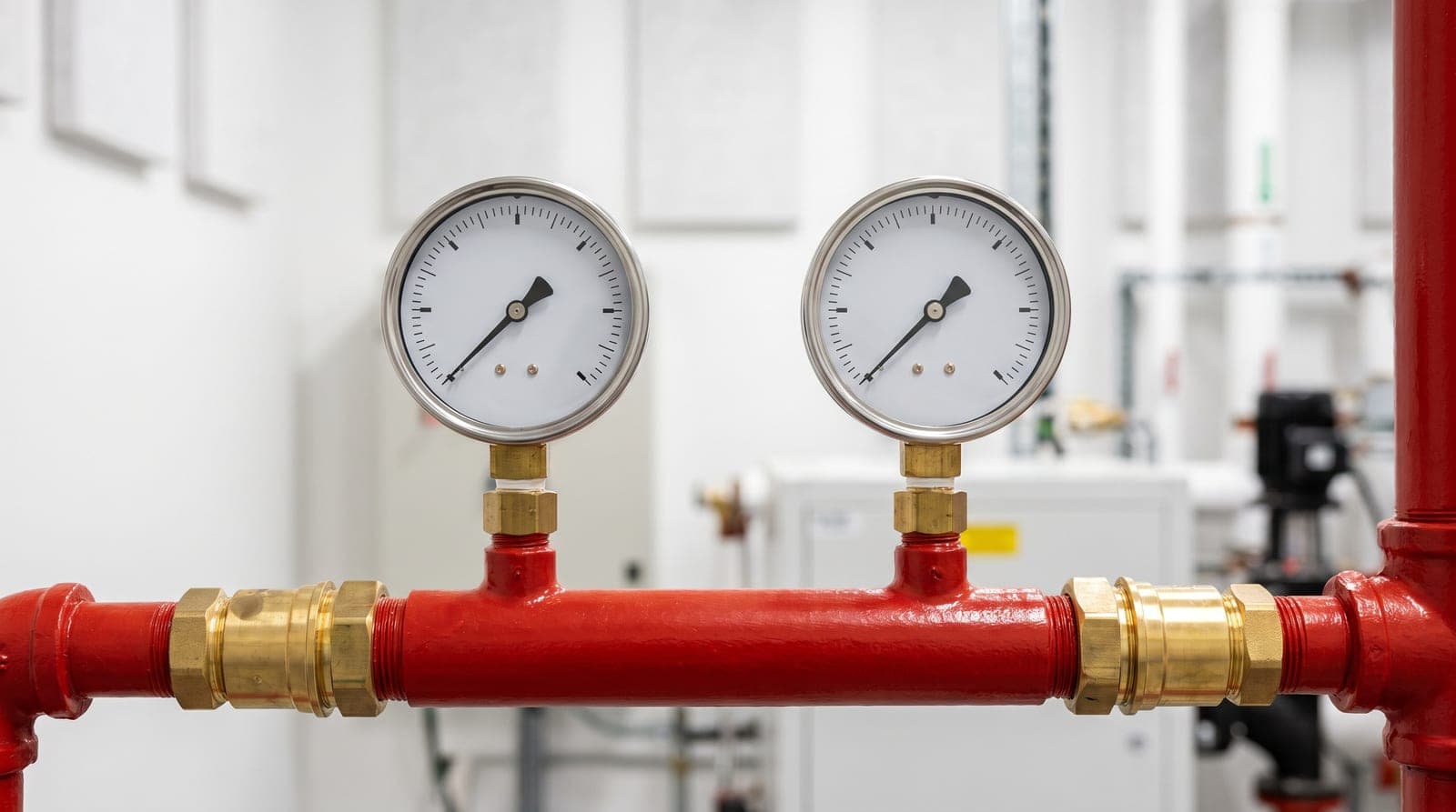 Gros plan net sur deux manomètres neufs montés sur une nourrice rouge de poste de contrôle sprinkler, raccords laiton propres, fond de local technique blanc légèrement flou