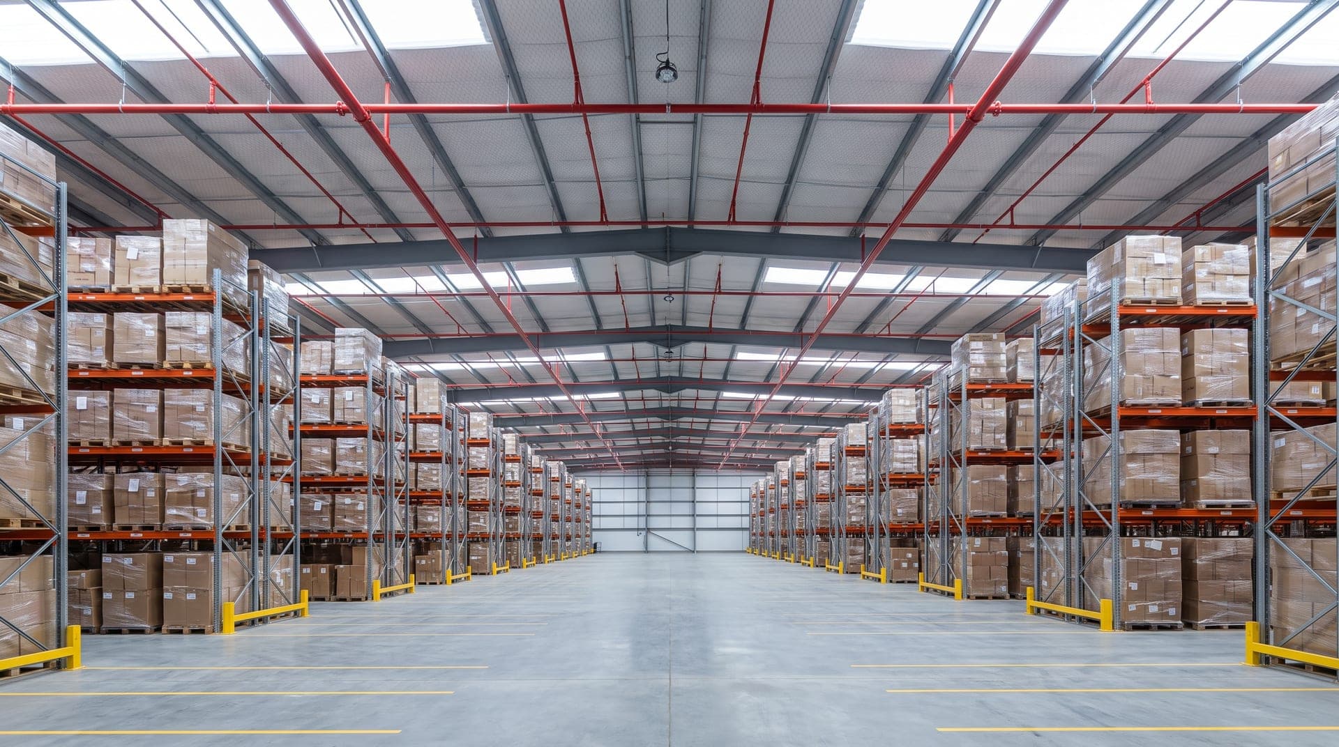 Allée centrale d'une plateforme logistique neuve de grande hauteur, palettiers chargés de cartons filmés des deux côtés, réseau sprinkler rouge net sous la toiture, sol béton lisse et marquage au sol jaune