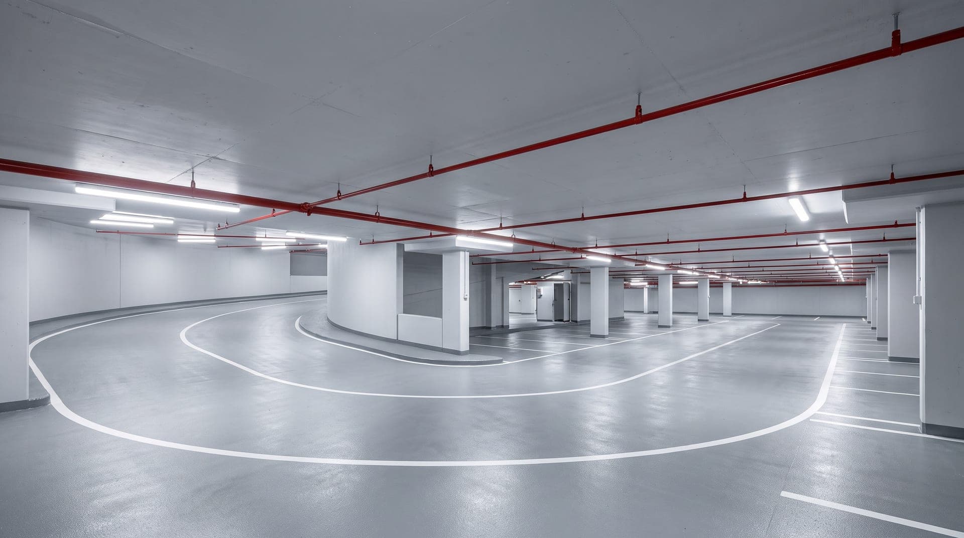 Parking couvert moderne et lumineux vu en perspective, rampe et allée vides, plafond béton clair parcouru par un réseau sprinkler rouge net, sol résine gris propre