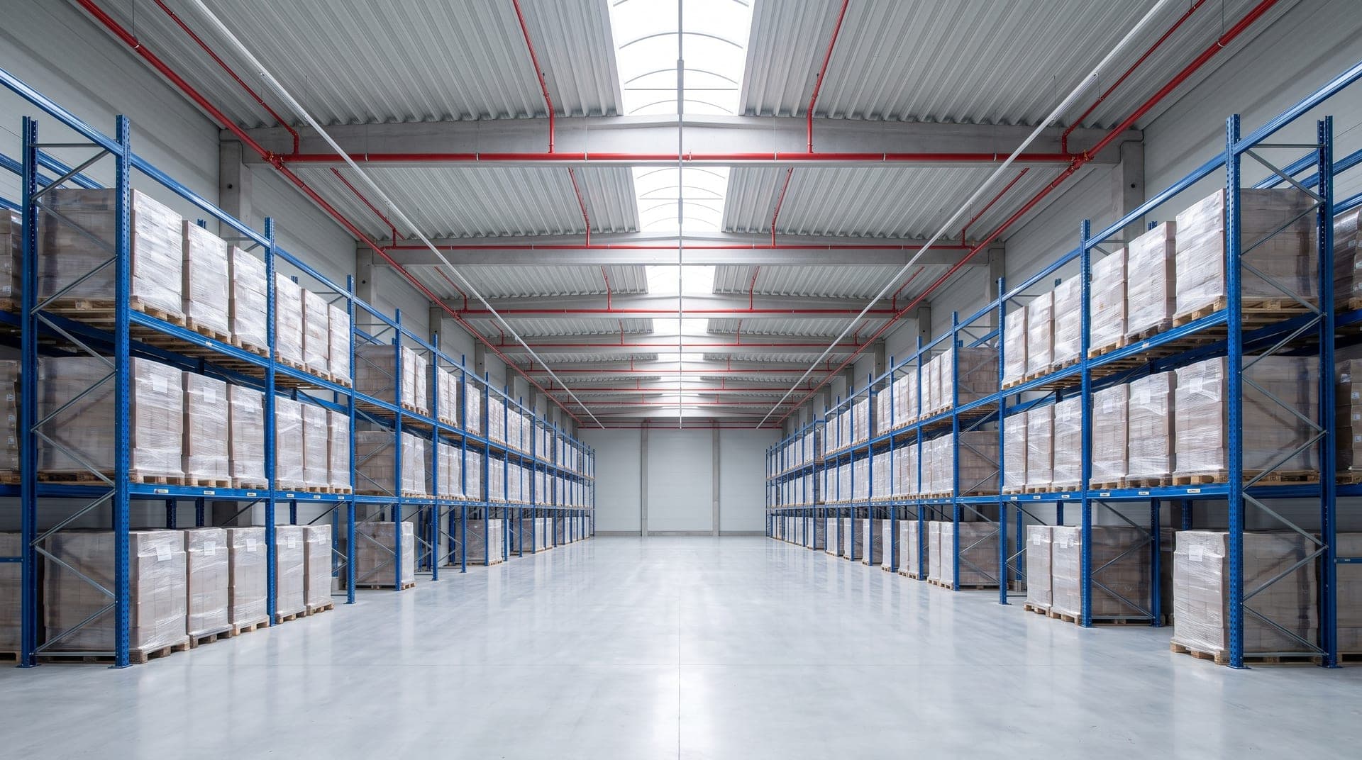 Grand entrepôt logistique moderne vu de l'intérieur, allée centrale dégagée entre deux rangées de palettiers, réseau sprinkler rouge neuf sous la toiture claire, lumière naturelle par les lanterneaux