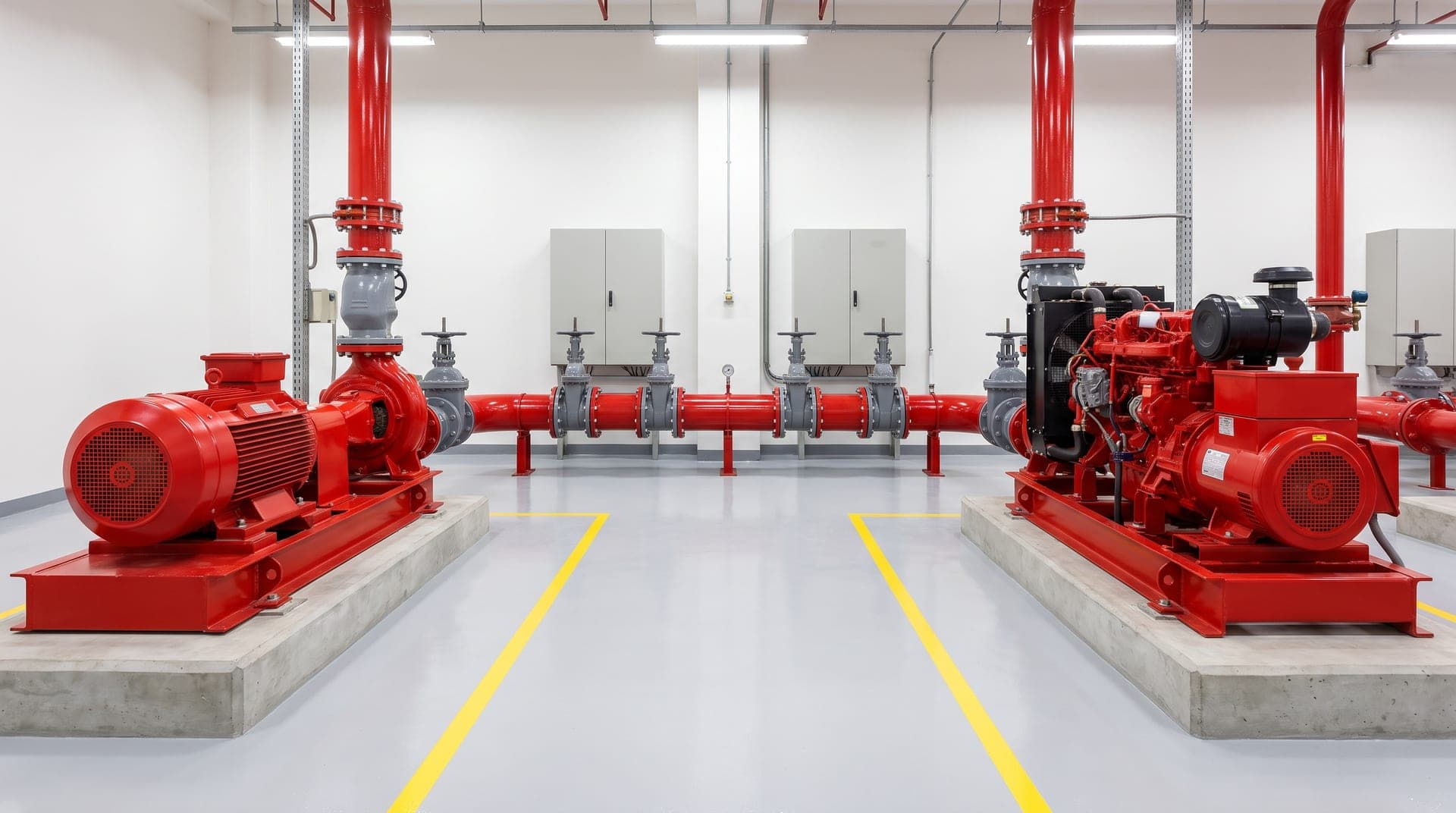 Intérieur d'un local sprinkler neuf vu en perspective : électropompe et motopompe rouges sur socles, collecteur de refoulement peint en rouge, armoires de commande grises, murs blancs et sol époxy impeccables