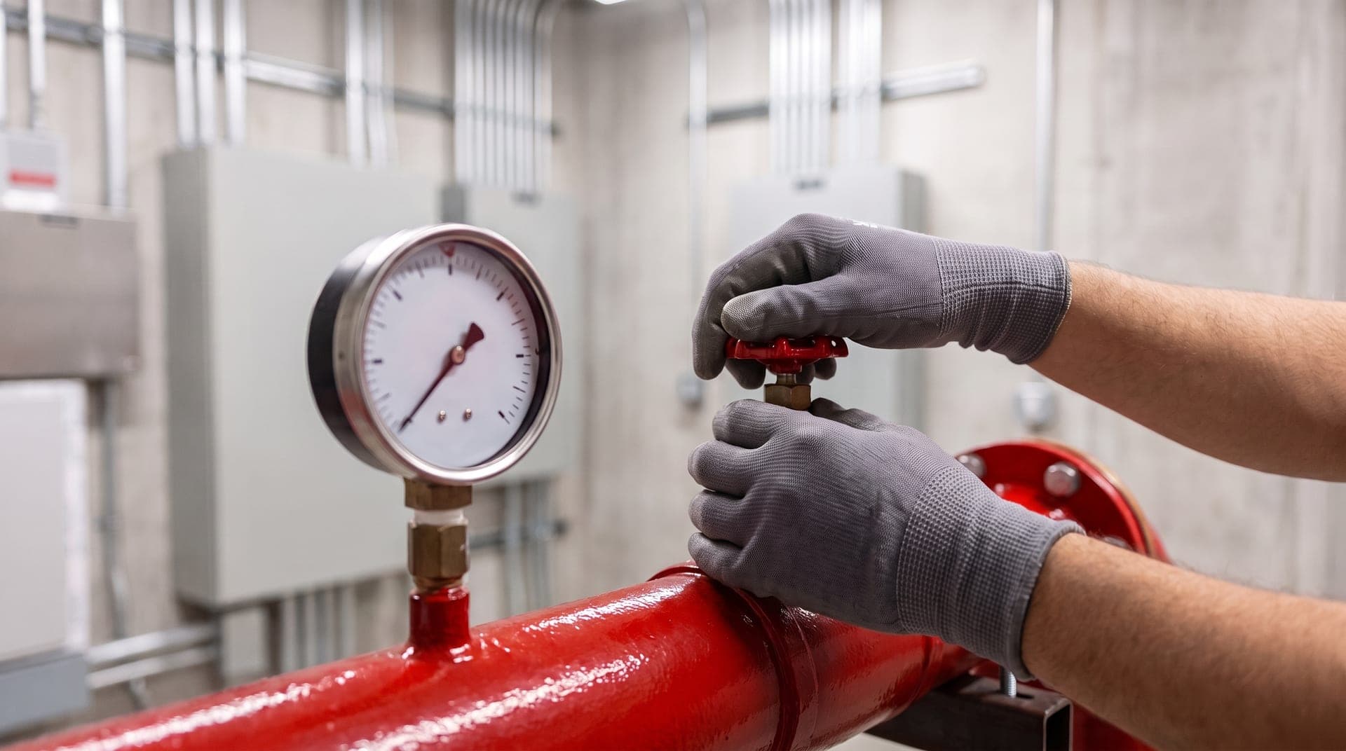 Deux mains gantées de gris qui ouvrent la vanne d'essai d'un poste de contrôle sprinkler neuf, canalisation rouge et manomètre net au premier plan, local technique propre en arrière-plan flou
