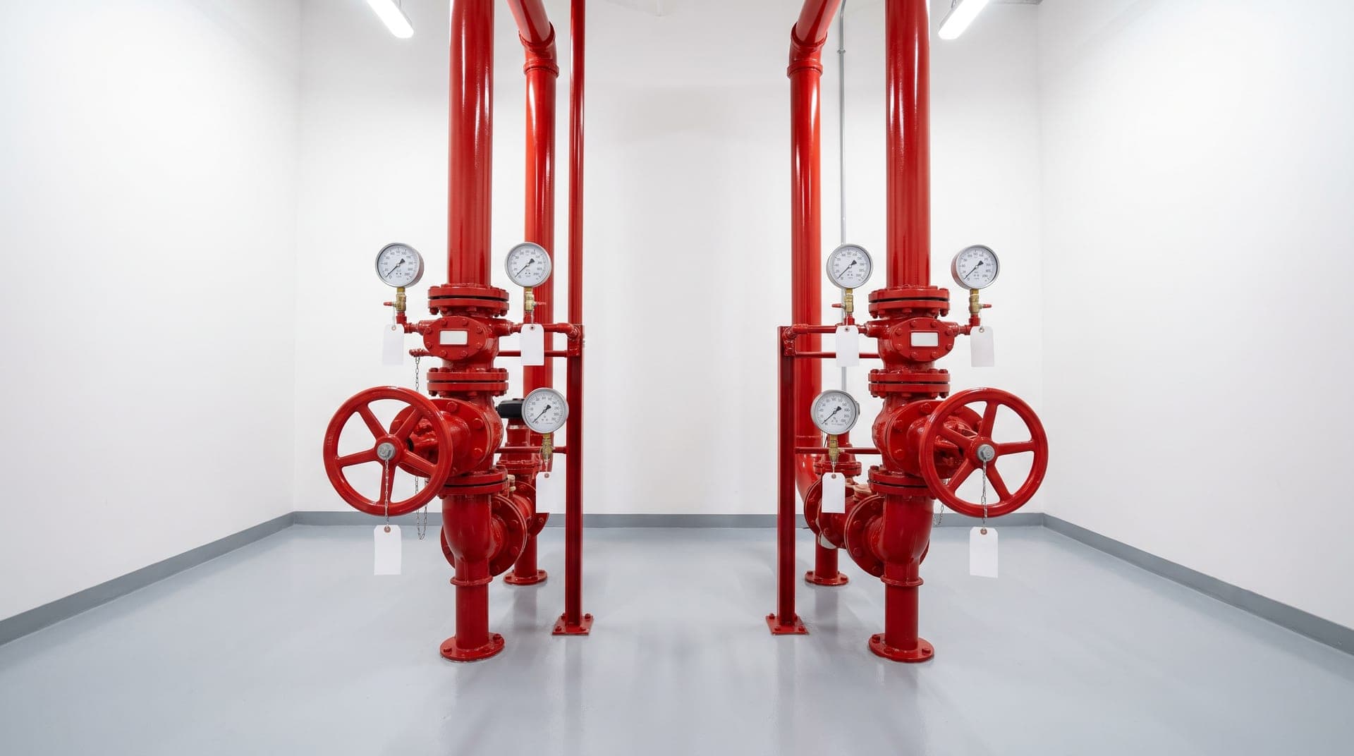 Local technique sprinkler neuf et rangé : deux postes de contrôle rouges côte à côte avec leurs vannes et manomètres, canalisations peintes, sol époxy gris clair