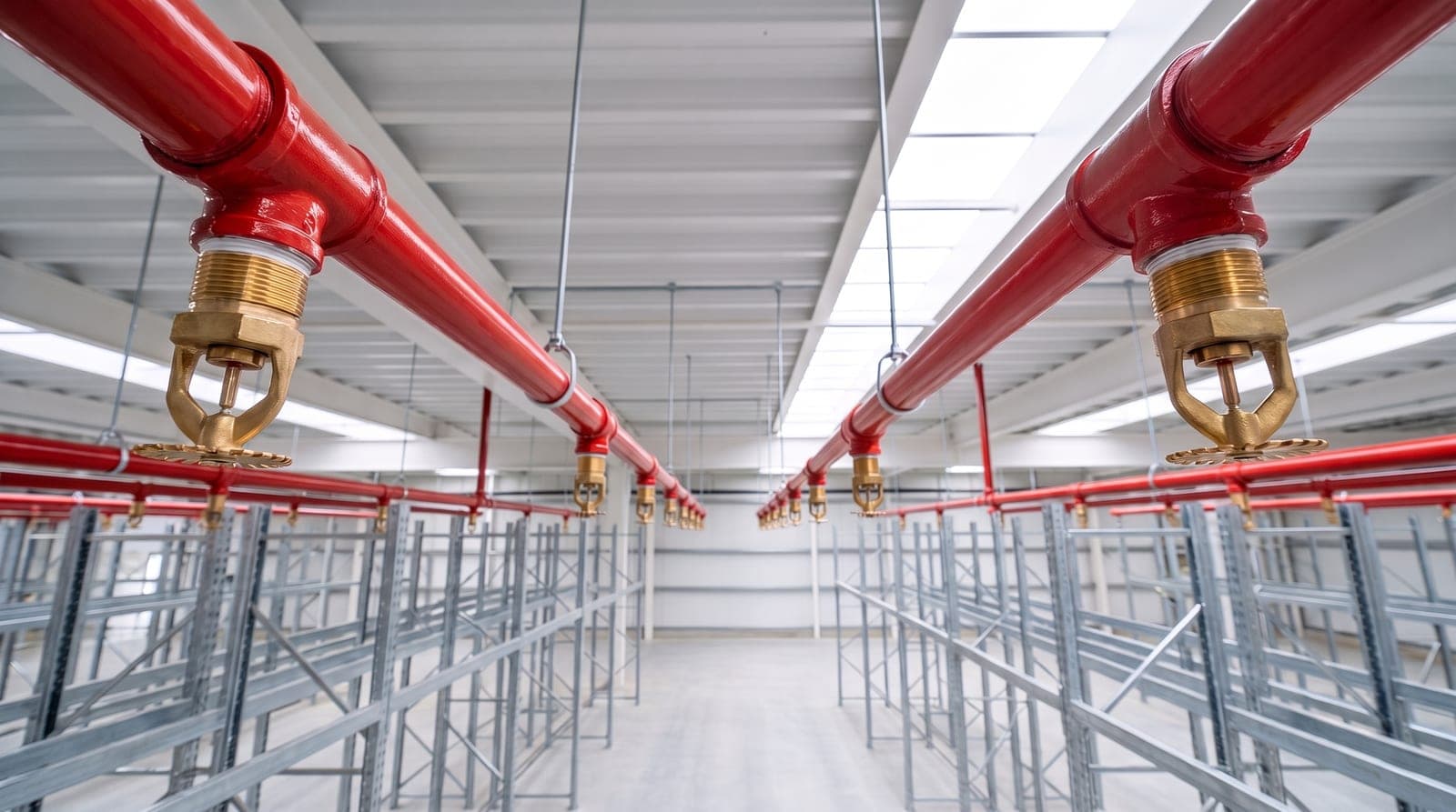 Plateforme logistique neuve à très grande hauteur : grosses têtes sprinkler ESFR en laiton sur un réseau rouge sous la toiture nervurée, hauts palettiers galvanisés encore vides, sol béton lisse, lumière naturelle zénithale