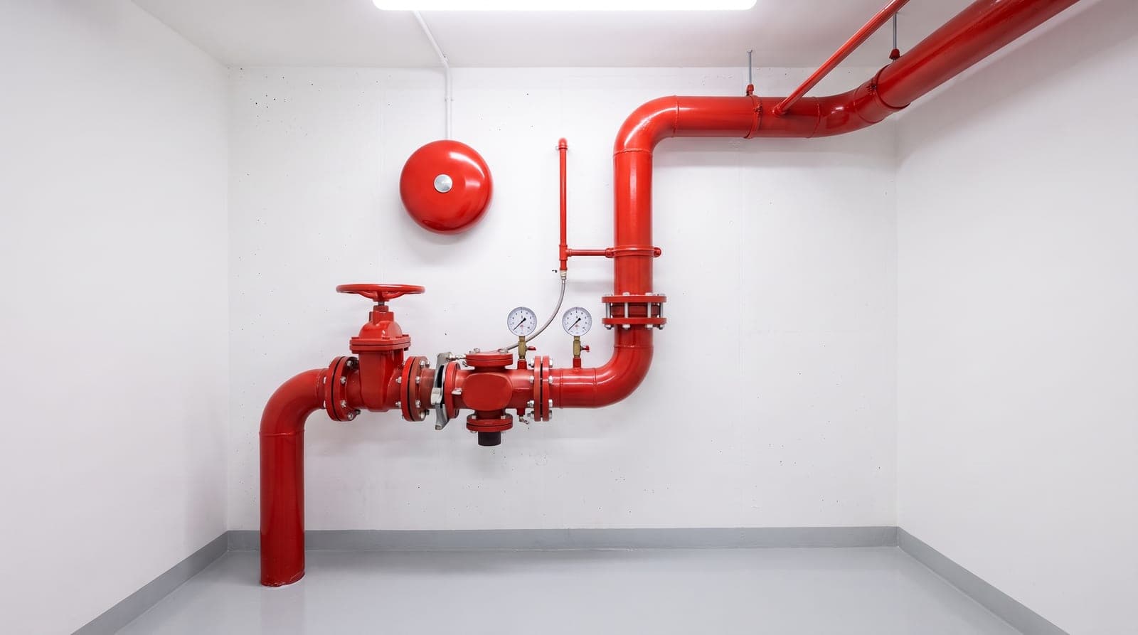 Poste de contrôle sprinkler neuf photographié de face dans un local technique blanc : vanne d'arrêt à volant, clapet d'alarme, deux manomètres, gong hydraulique rouge au mur, canalisations rouges impeccables