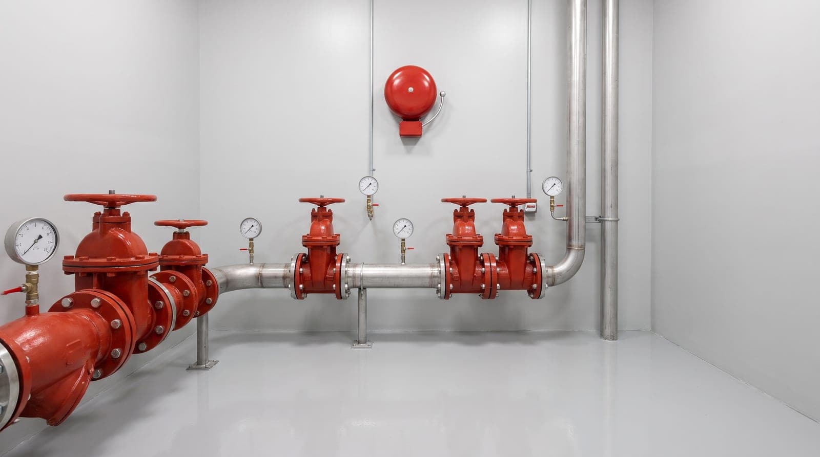 Vannes rouges à volant, manomètres et gong d'alarme d'une installation sprinkler neuve dans un local technique propre