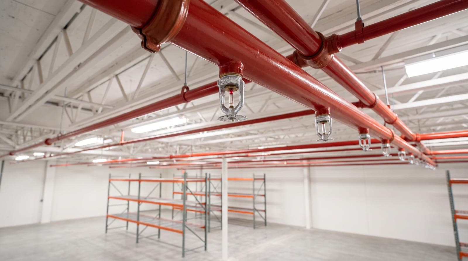 Canalisations sprinkler rouges et têtes neuves au-dessus des racks d'un entrepôt propre et éclairé