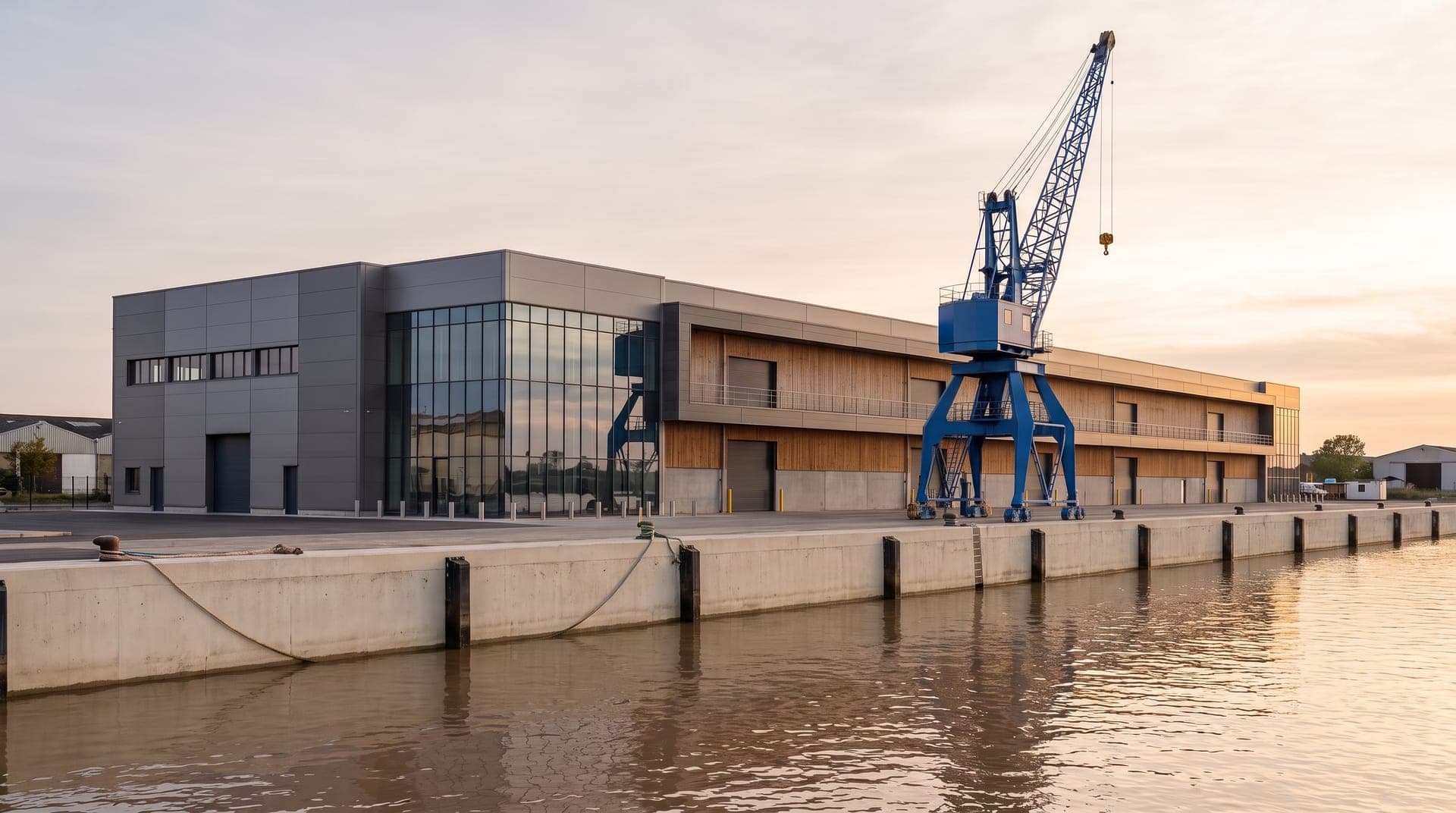 Bâtiment d'activités neuf en bardage gris et bois au bord d'un quai en béton, grue portuaire bleue, eau calme au coucher du soleil
