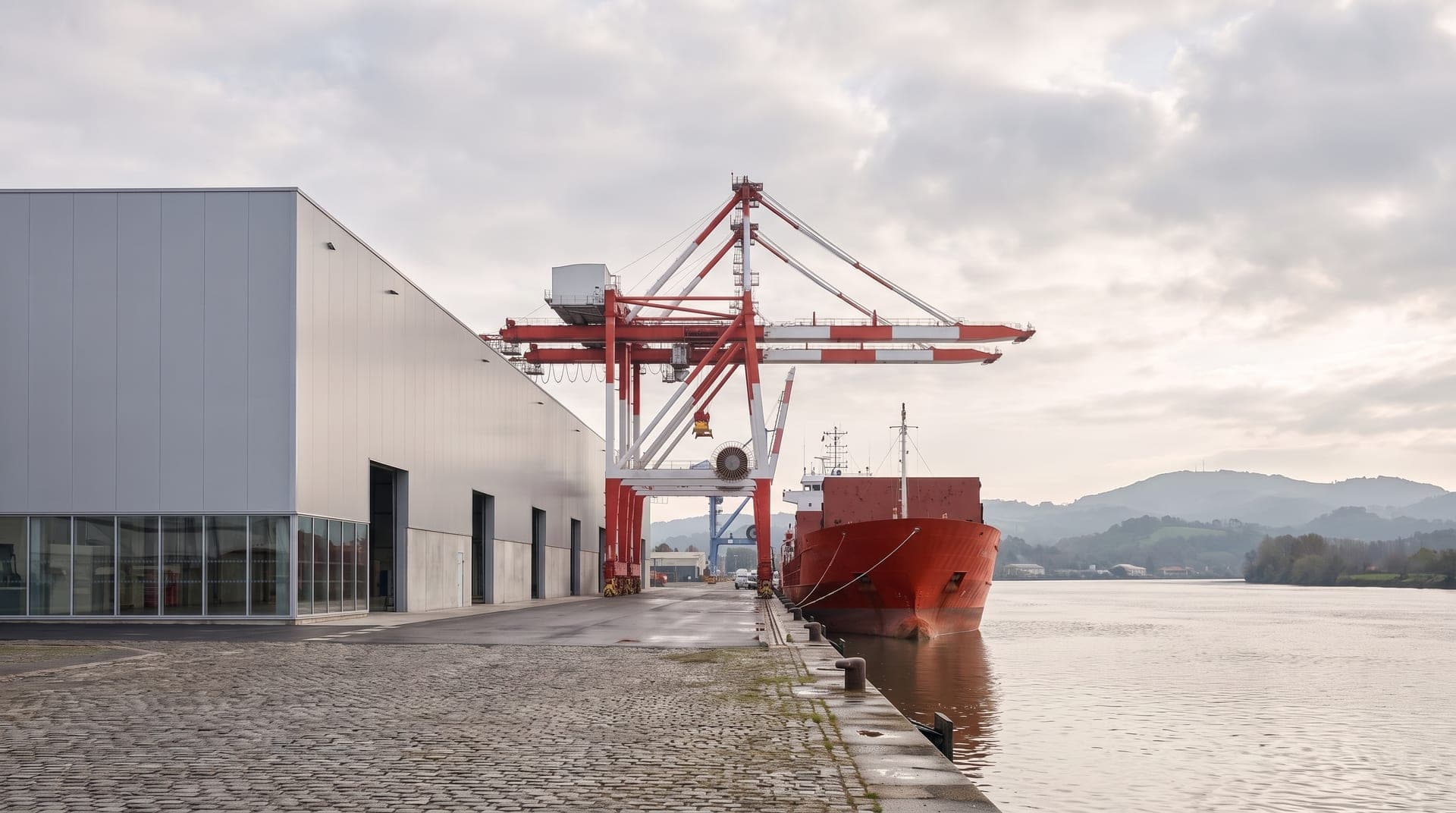 Hangar portuaire et quai pavé le long d'un fleuve, portique de manutention rouge et blanc, cargo à quai, collines au loin