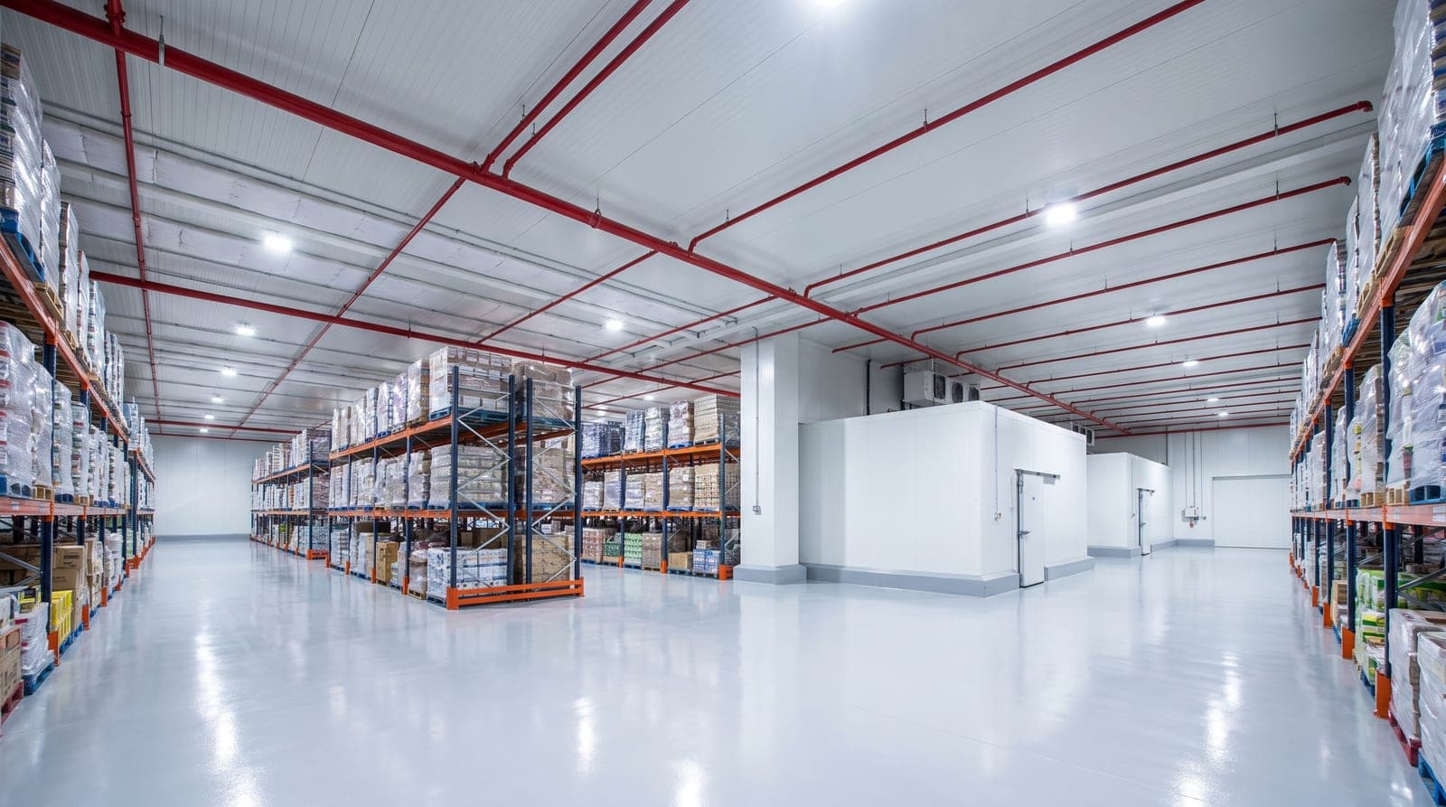 Entrepôt frigorifique neuf de grossiste alimentaire, canalisations sprinkler rouges alignées sous le plafond isolé, allées de palettes filmées, sol époxy propre