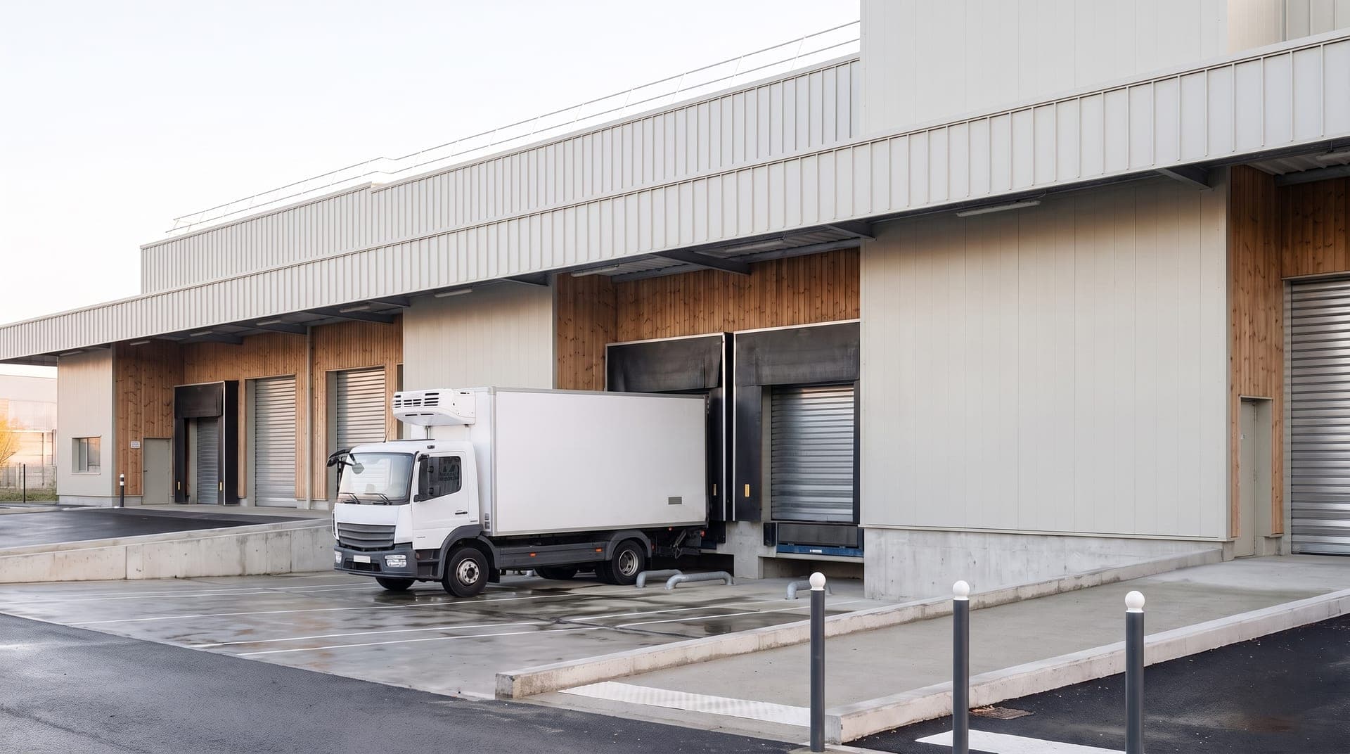 Bâtiment de grossiste alimentaire en bardage clair et bois, quais à portes sectionnelles, camion frigorifique à quai