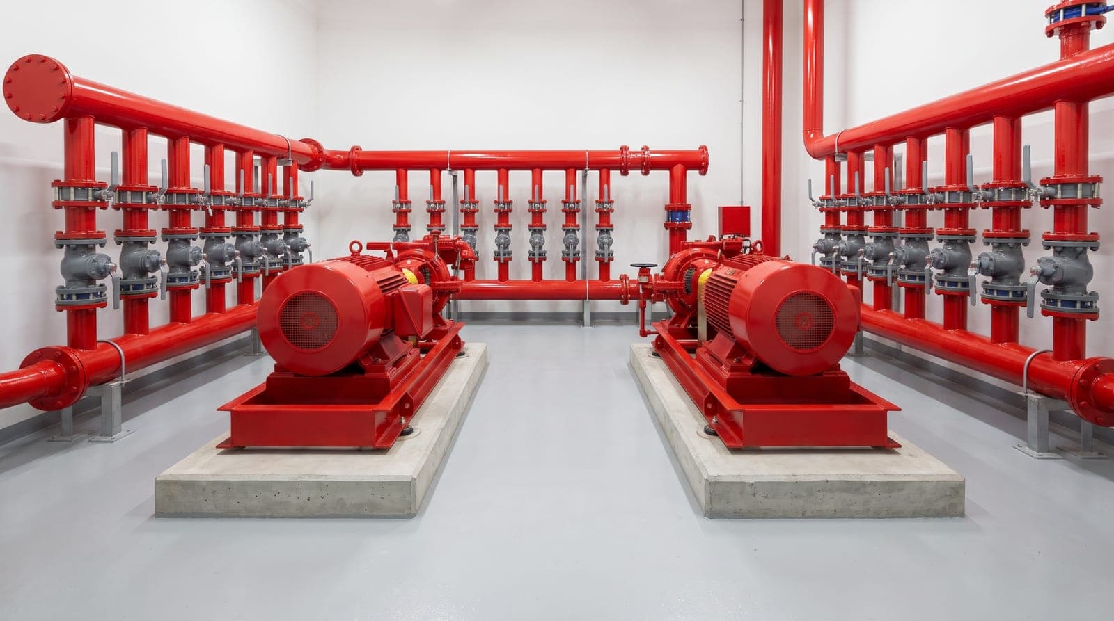 Local de pompage sprinkler neuf dans une usine récente, deux groupes de pompage rouges, collecteurs et vannes alignés, sol peint gris clair