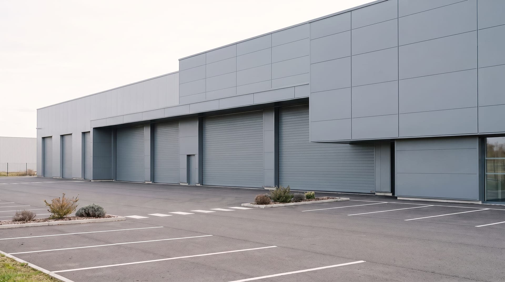 Façade d'usine en bardage métallique gris, grandes portes d'atelier fermées, parking vide
