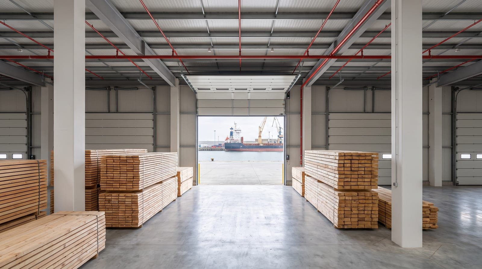 Hangar portuaire moderne rempli de paquets de bois scié, réseau sprinkler rouge sous la charpente, sol béton propre, porte sectionnelle ouverte sur le quai