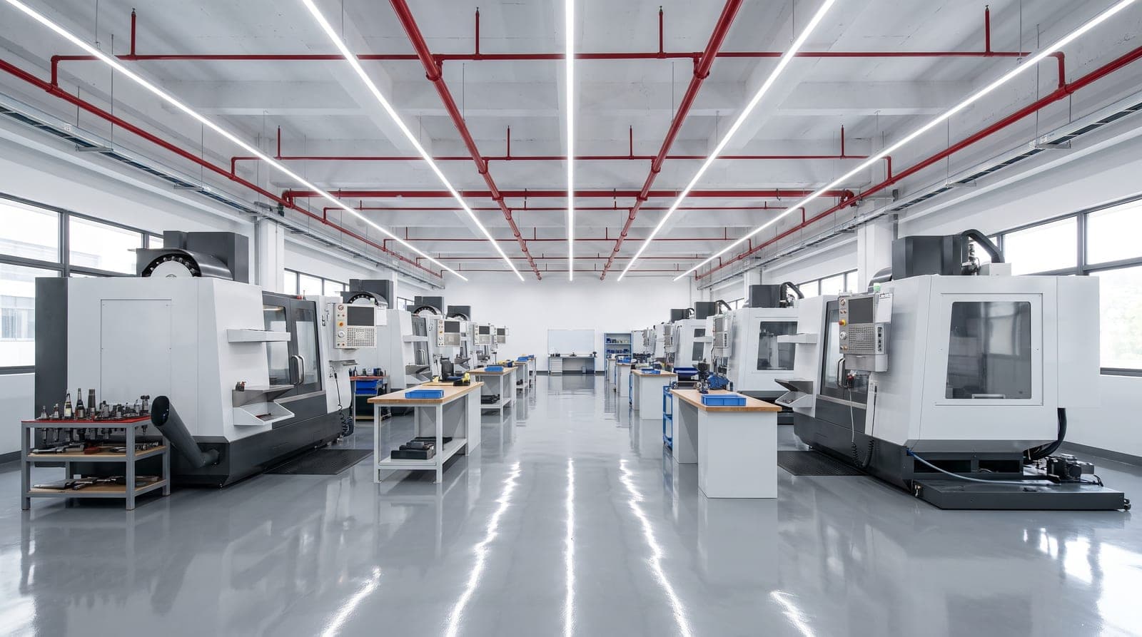 Atelier industriel de pointe très propre, machines-outils modernes, canalisations sprinkler rouges fixées sous un plafond blanc, éclairage LED