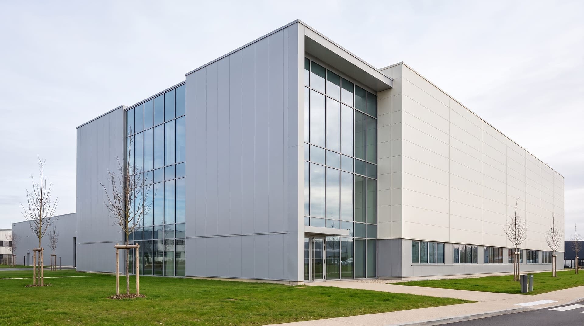 Bâtiment industriel moderne à façade vitrée et bardage clair, pelouse et jeunes arbres