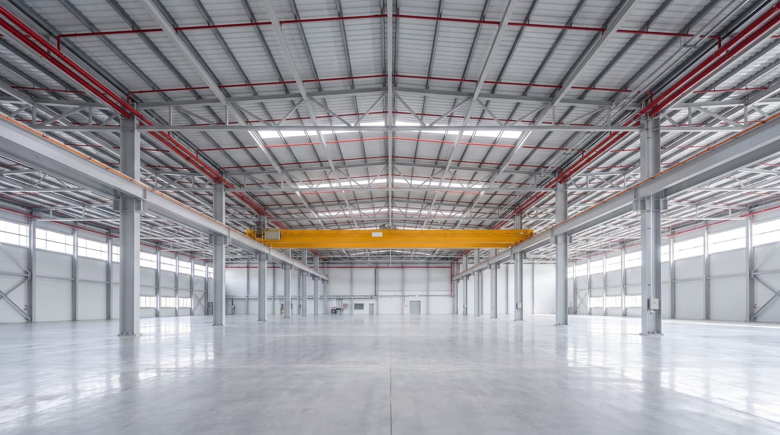 Hall d'assemblage aéronautique moderne, réseau sprinkler rouge fixé sous la charpente métallique claire au-dessus d'un pont roulant, sol gris impeccable