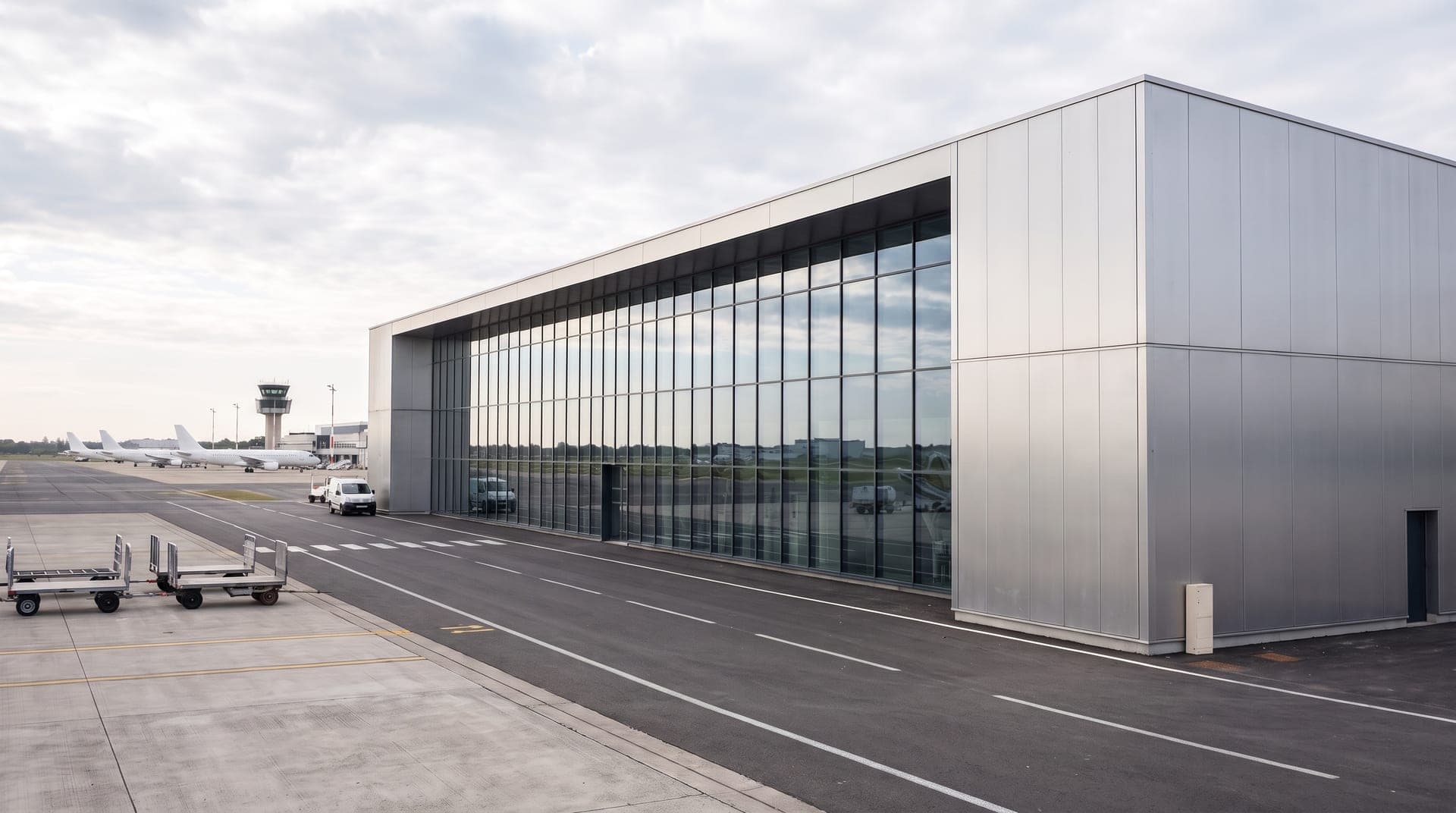 Hangar à grande façade vitrée en bordure de piste, avions et tour de contrôle au loin