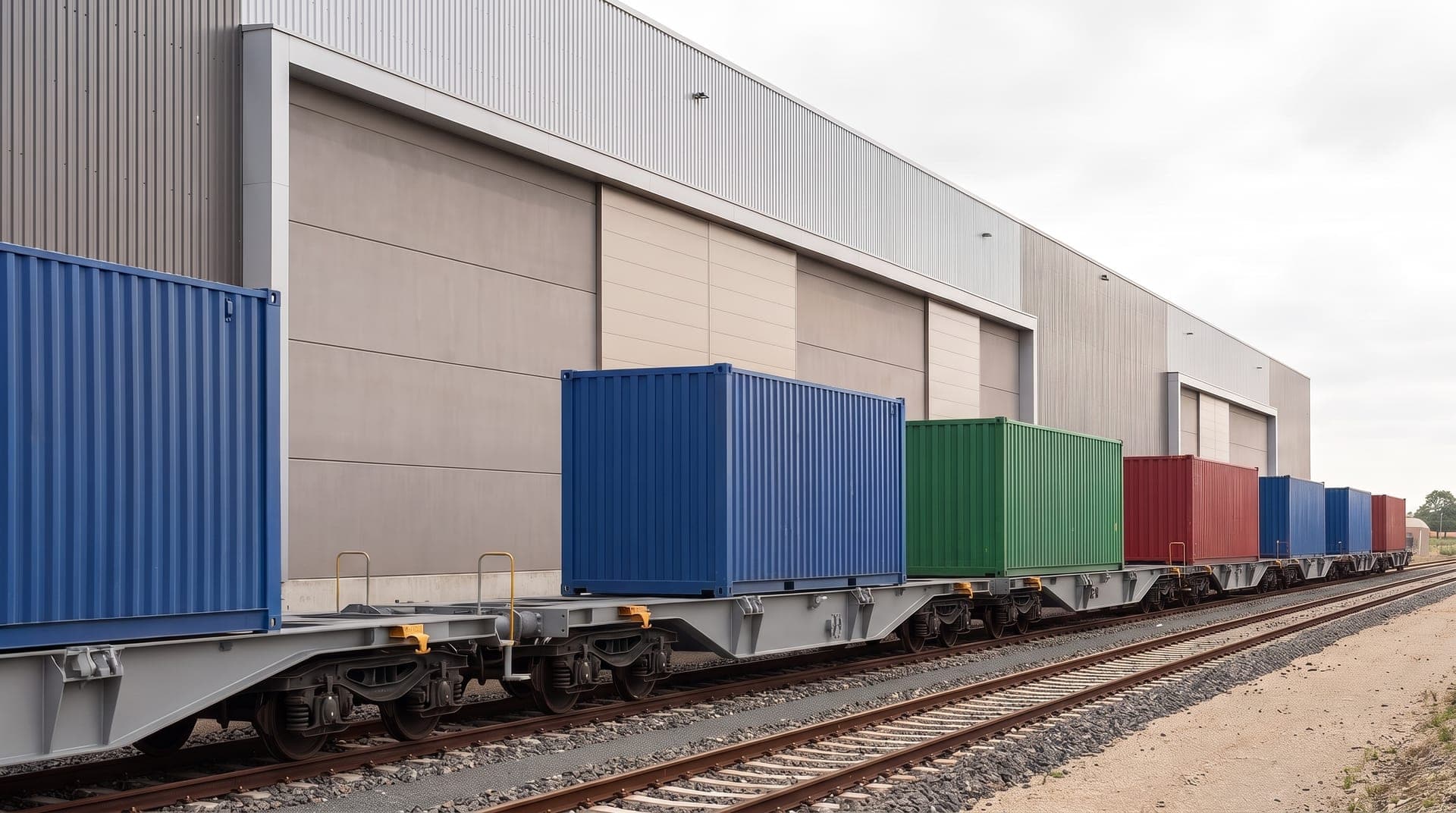 Wagons chargés de conteneurs colorés sur une voie ferrée, le long d'un entrepôt en bardage