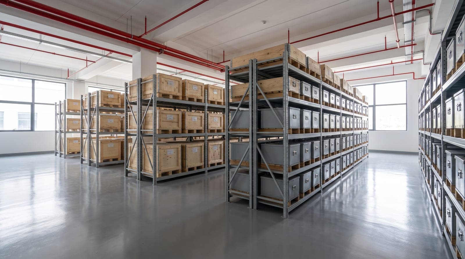 Magasin de pièces industrielles moderne, rayonnages métalliques chargés de caisses, canalisations sprinkler rouges au plafond, sol résine gris propre