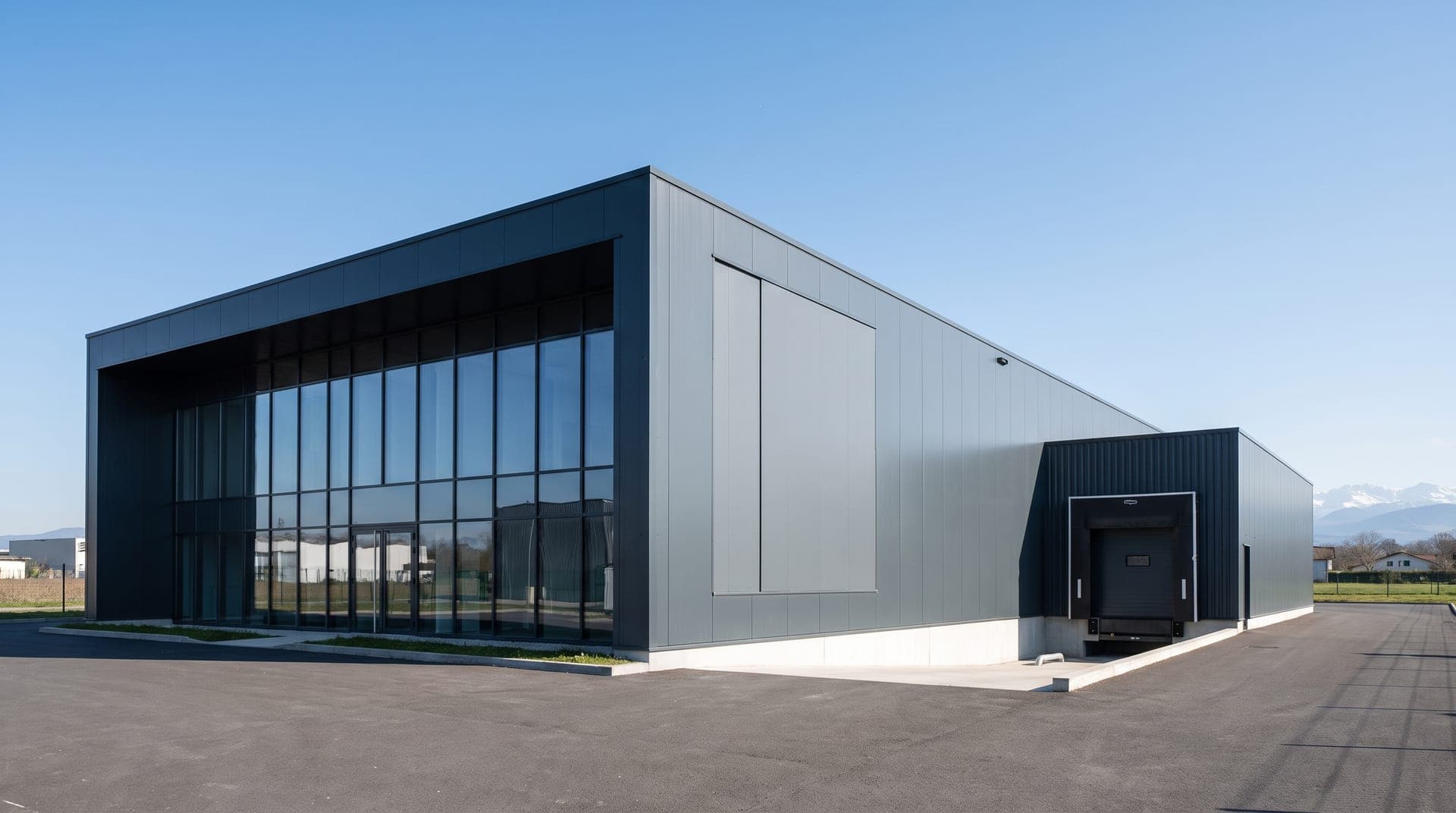 Bâtiment d'activités neuf en bardage anthracite, façade vitrée et quai de livraison, montagnes enneigées au loin