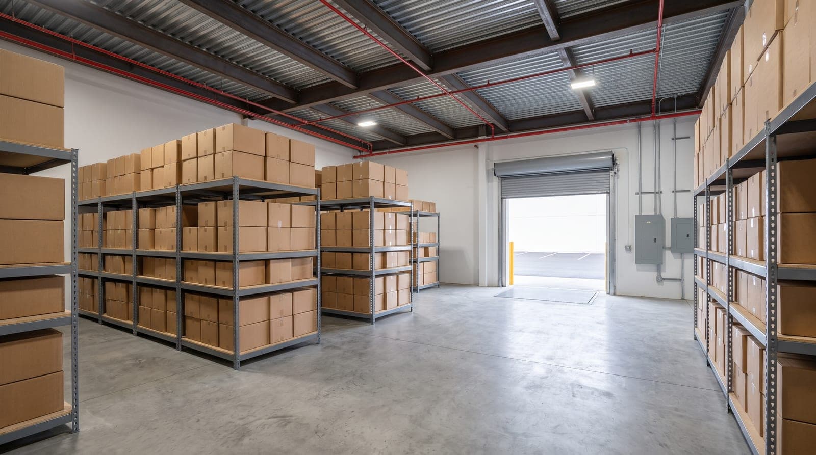 Réserve d'un magasin de grande surface récent, rayonnages de cartons bien rangés, têtes sprinkler et tuyauterie rouge sous le bac acier, porte de quai ouverte