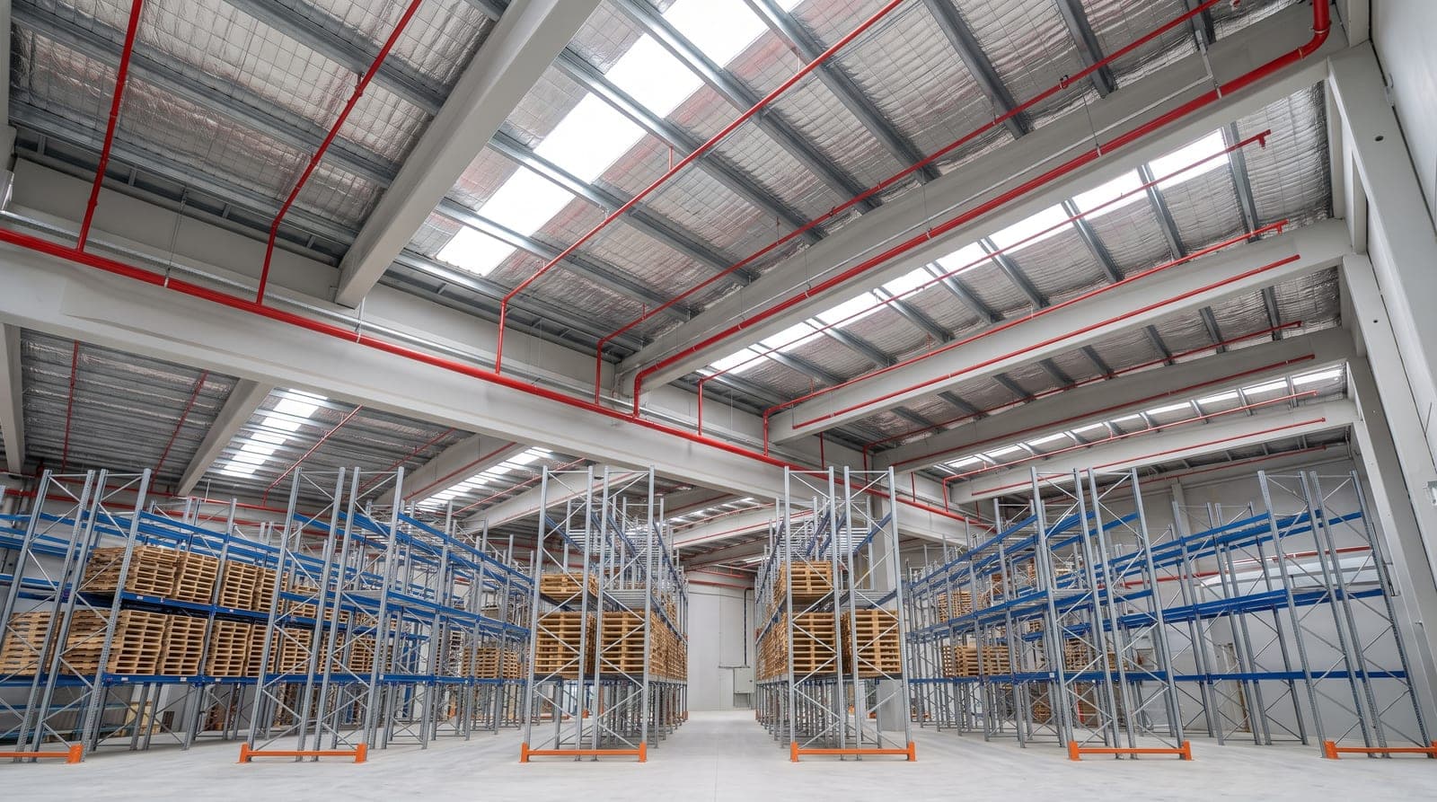 Entrepôt logistique neuf à grande hauteur, collecteurs sprinkler rouges sous la toiture, hauts racks de palettes, allées dégagées