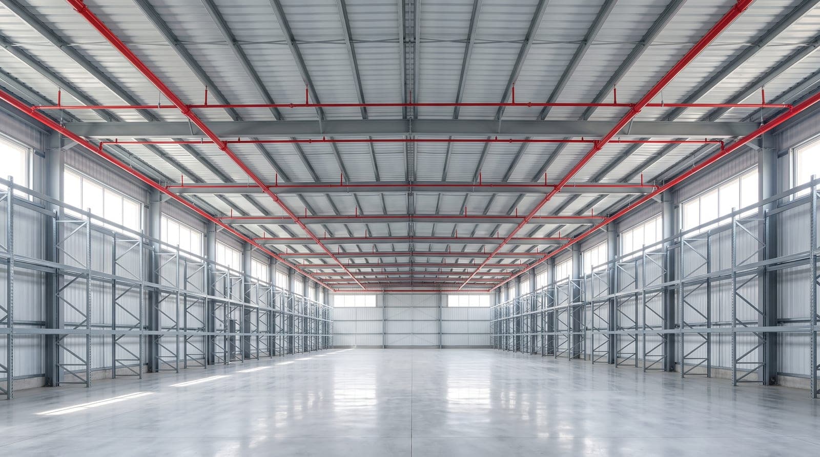 Entrepôt neuf en bardage, intérieur lumineux, réseau sprinkler rouge sous bacs acier, racks de palettes bien alignés, sol béton lissé