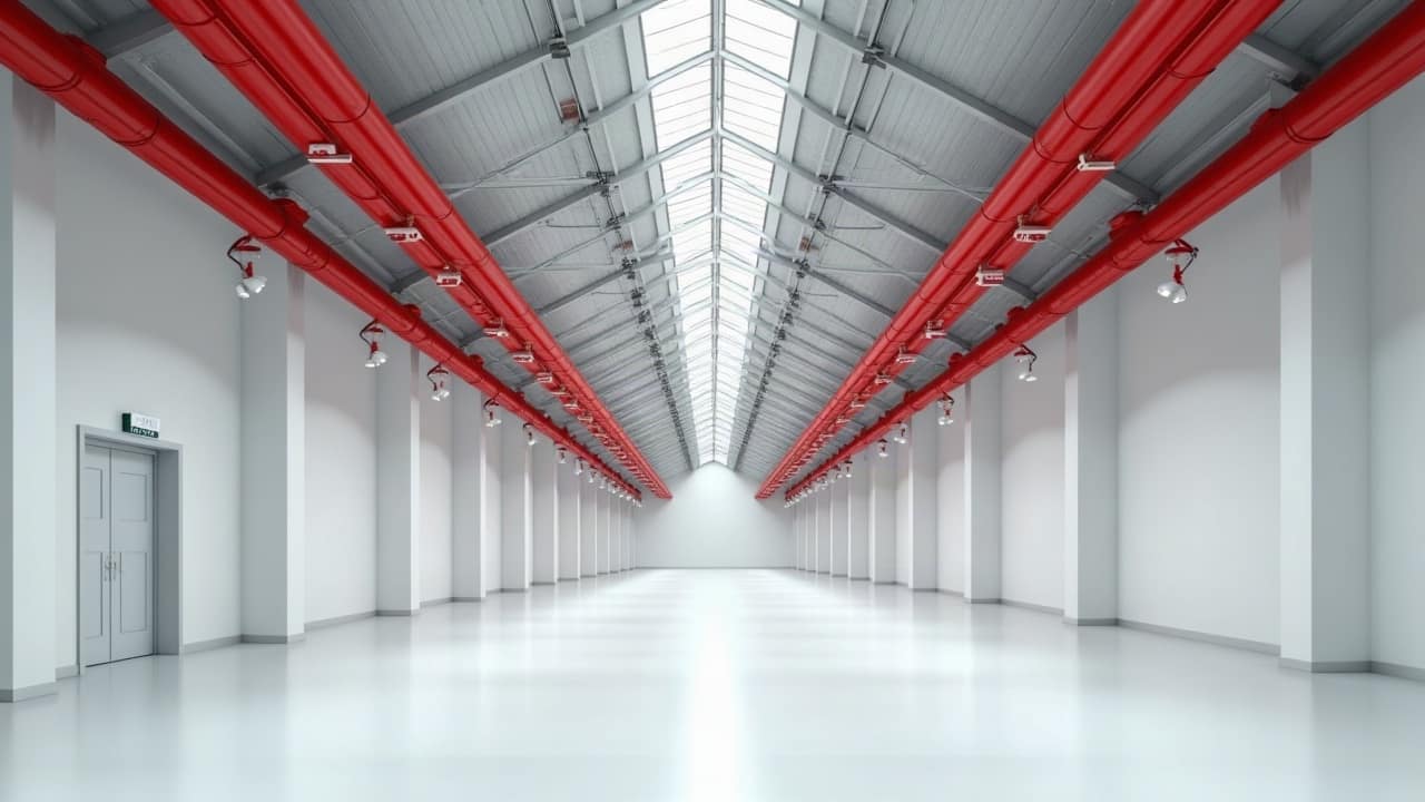 Long hall vide et lumineux sous verrière, deux lignes de canalisations sprinkler rouges sous la charpente, sol clair et porte grise