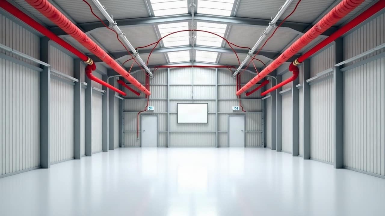 Hall industriel vide à charpente métallique, canalisations sprinkler rouges le long des murs, lanterneaux et portes grises au fond