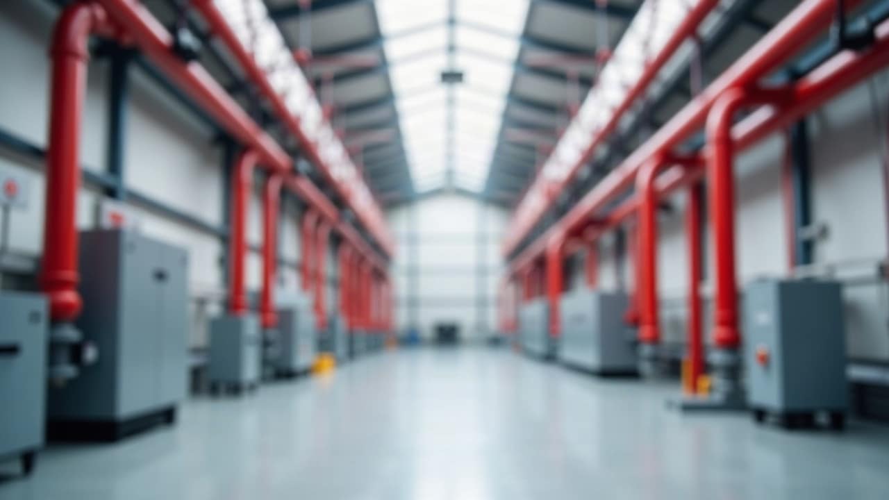 Atelier lumineux sous verrière, colonnes et canalisations rouges le long des allées, machines grises floues de part et d'autre