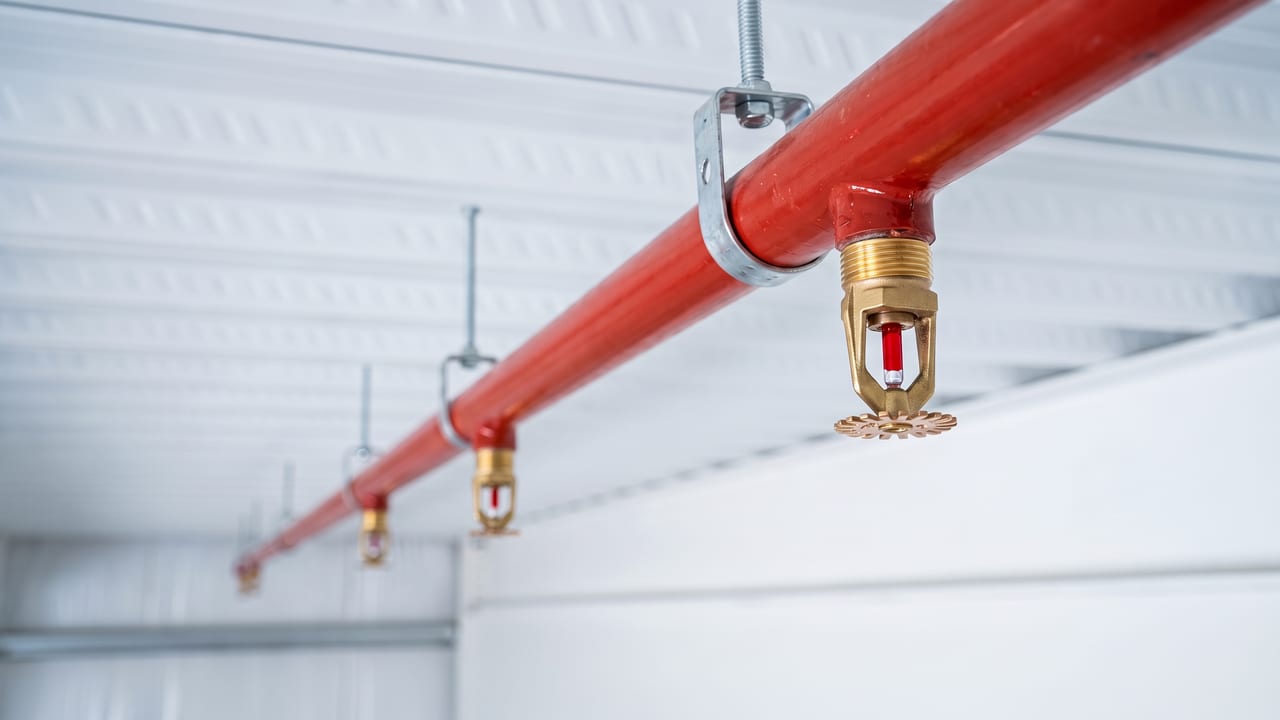 Canalisation rouge suspendue sous une toiture blanche, têtes de sprinkler en laiton à ampoule rouge vissées à intervalles réguliers