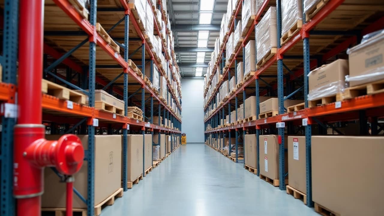 Allée d'entrepôt entre des rayonnages chargés de cartons, colonne rouge et sa vanne au premier plan
